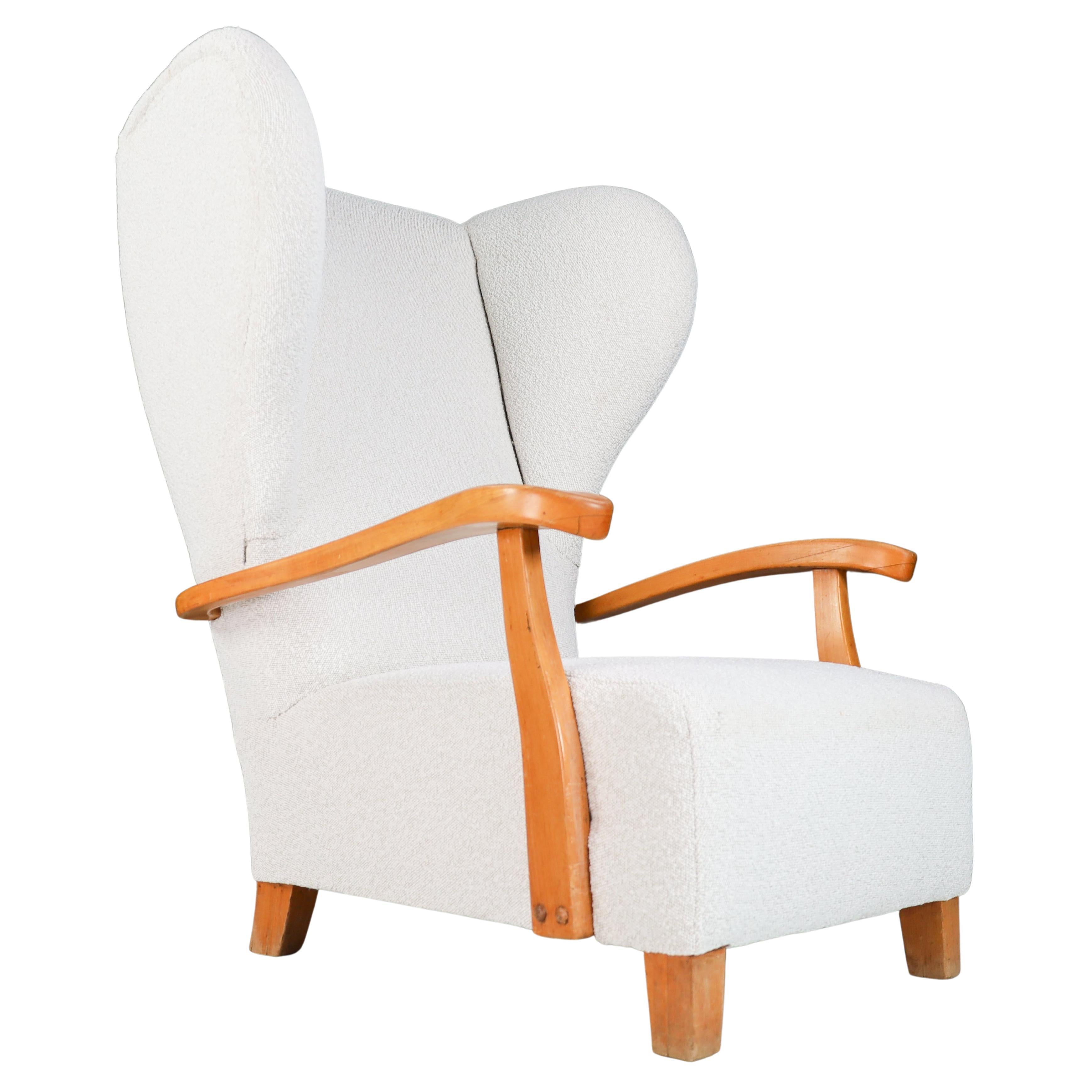 XXL Monumental Wingback Armchair in Walnut and Bouclé Fabric, France 1930s