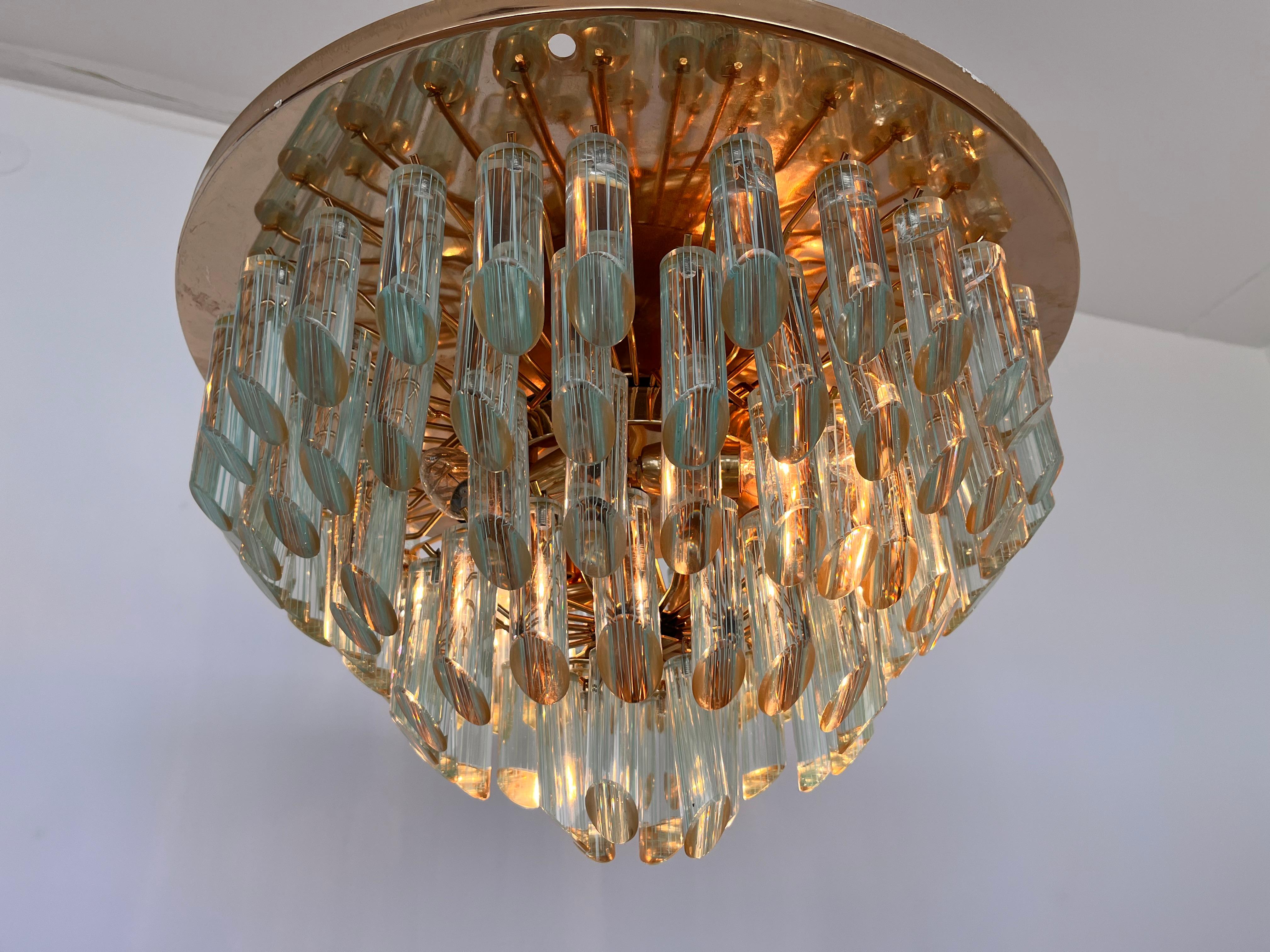 Italian XXL Murano Glass and brass Flush Mount/Ceiling Lamp by Venini for Isa - 1980s For Sale