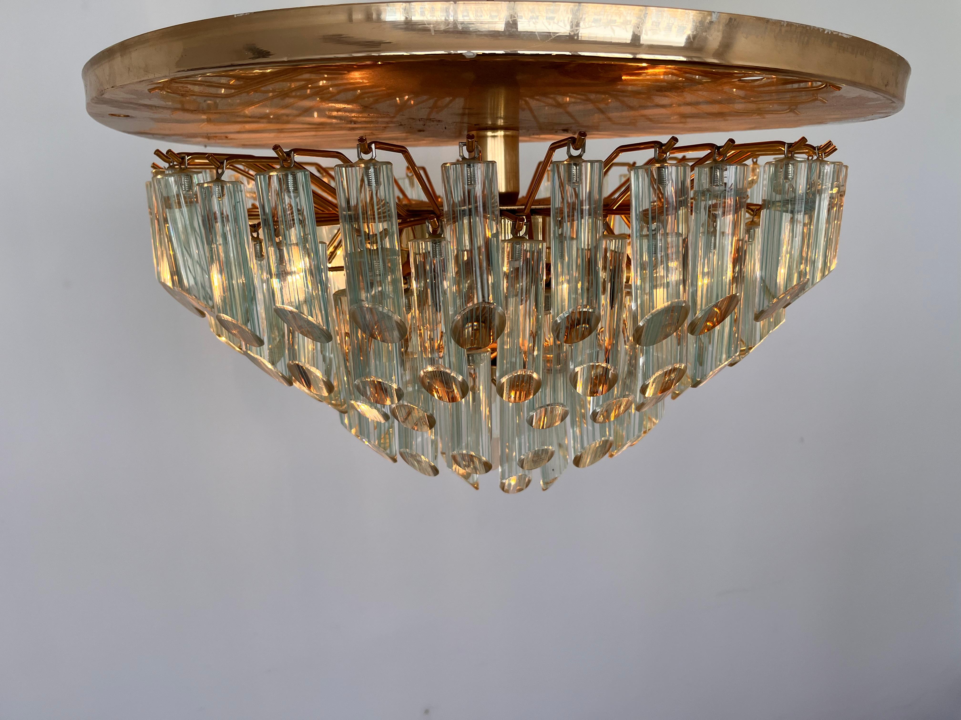 Late 20th Century XXL Murano Glass and brass Flush Mount/Ceiling Lamp by Venini for Isa - 1980s For Sale