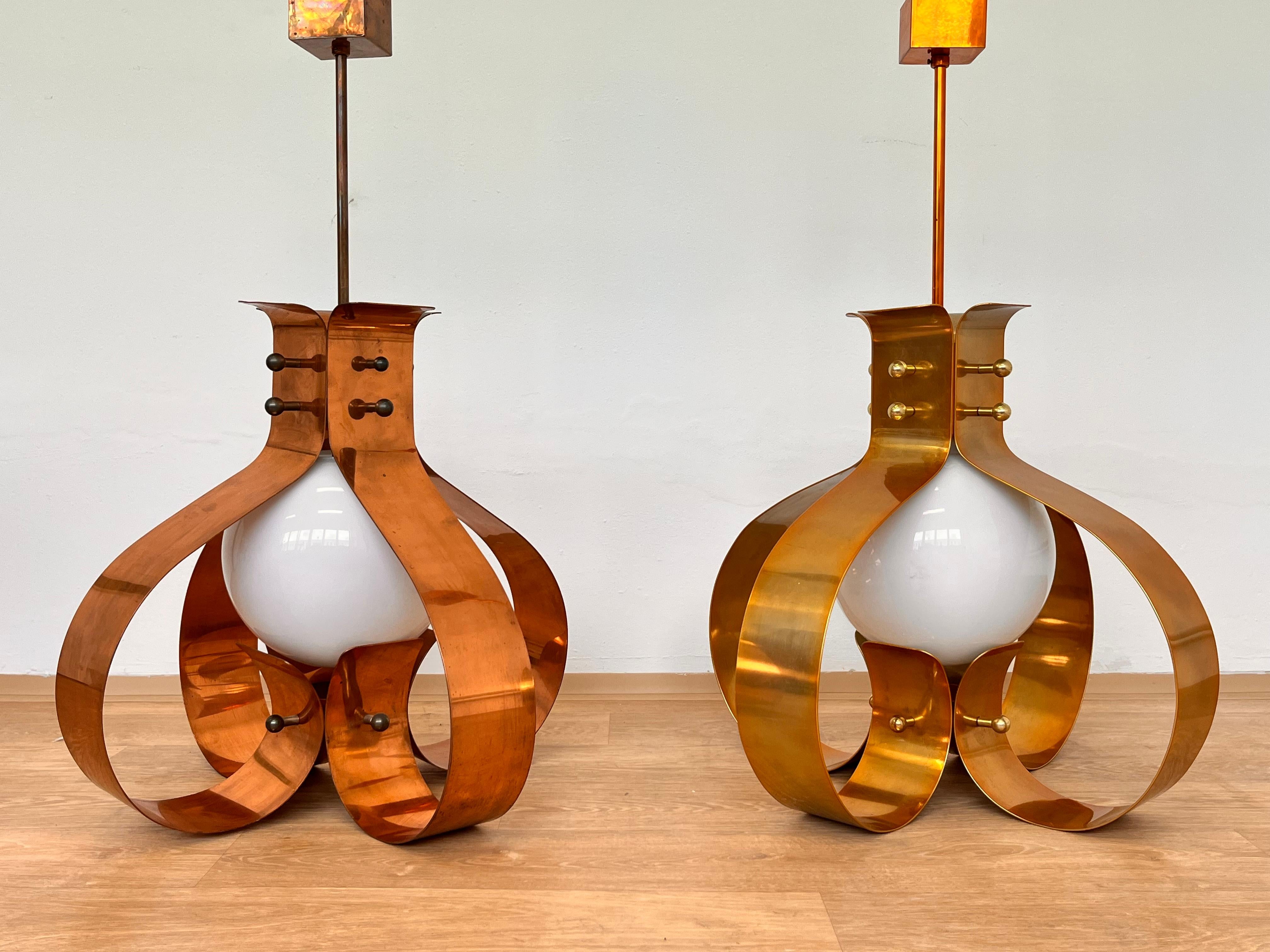 XXL Pair of Design Mid century Large Brass Pendants / chandeliers - 1980s In Good Condition For Sale In Praha, CZ