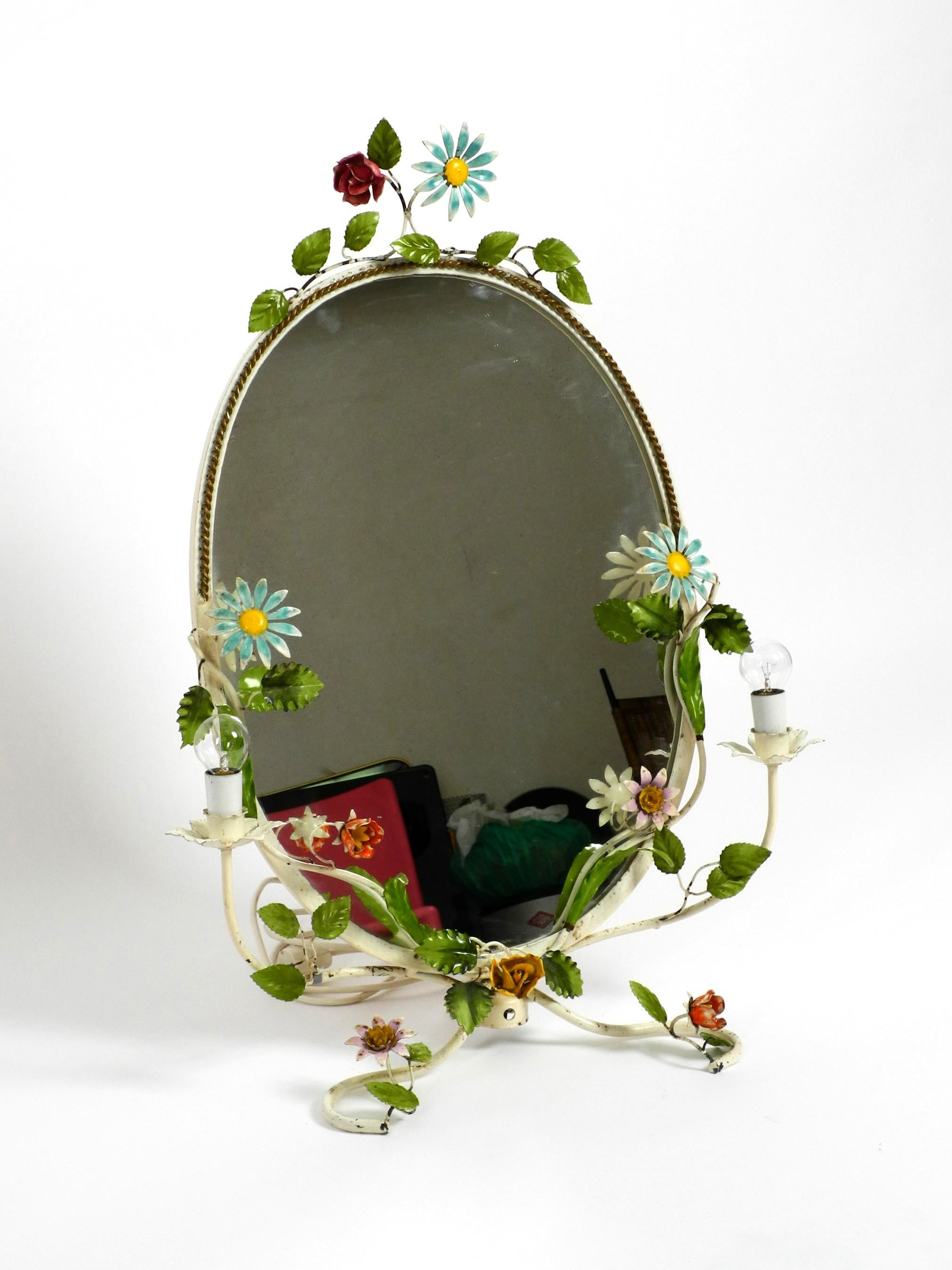 XXL Rare Beautiful 1960s Floral Metal Table Mirror Hand Painted, Made in Italy 3