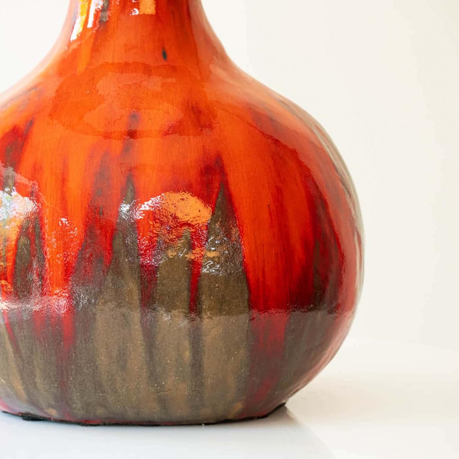 Francese XXL Red Brown Ceramic FLoor Table Lamp, Lampshade by R. Houben, 1970 in vendita