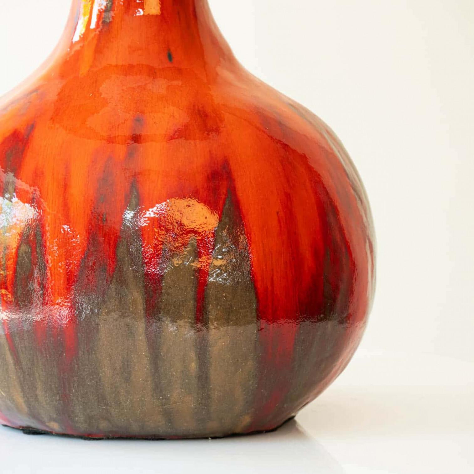 French XXL Red Brown Ceramic FLoor Table Lamp, Lampshade by R. Houben, 1970 For Sale