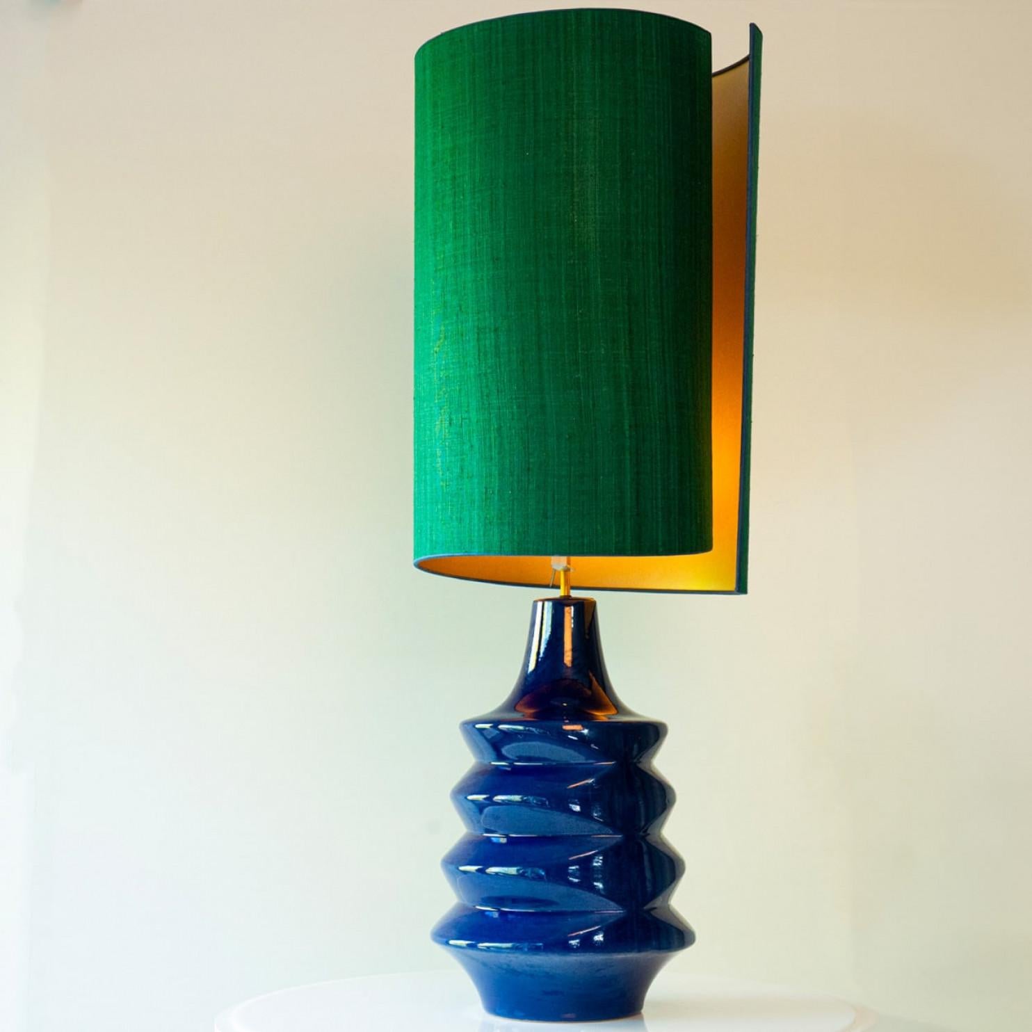 Mid-Century Modern XXL Sapphire Blue Ceramic FLoor Table Lamp, Lampshade by R. Houben, 1970 For Sale