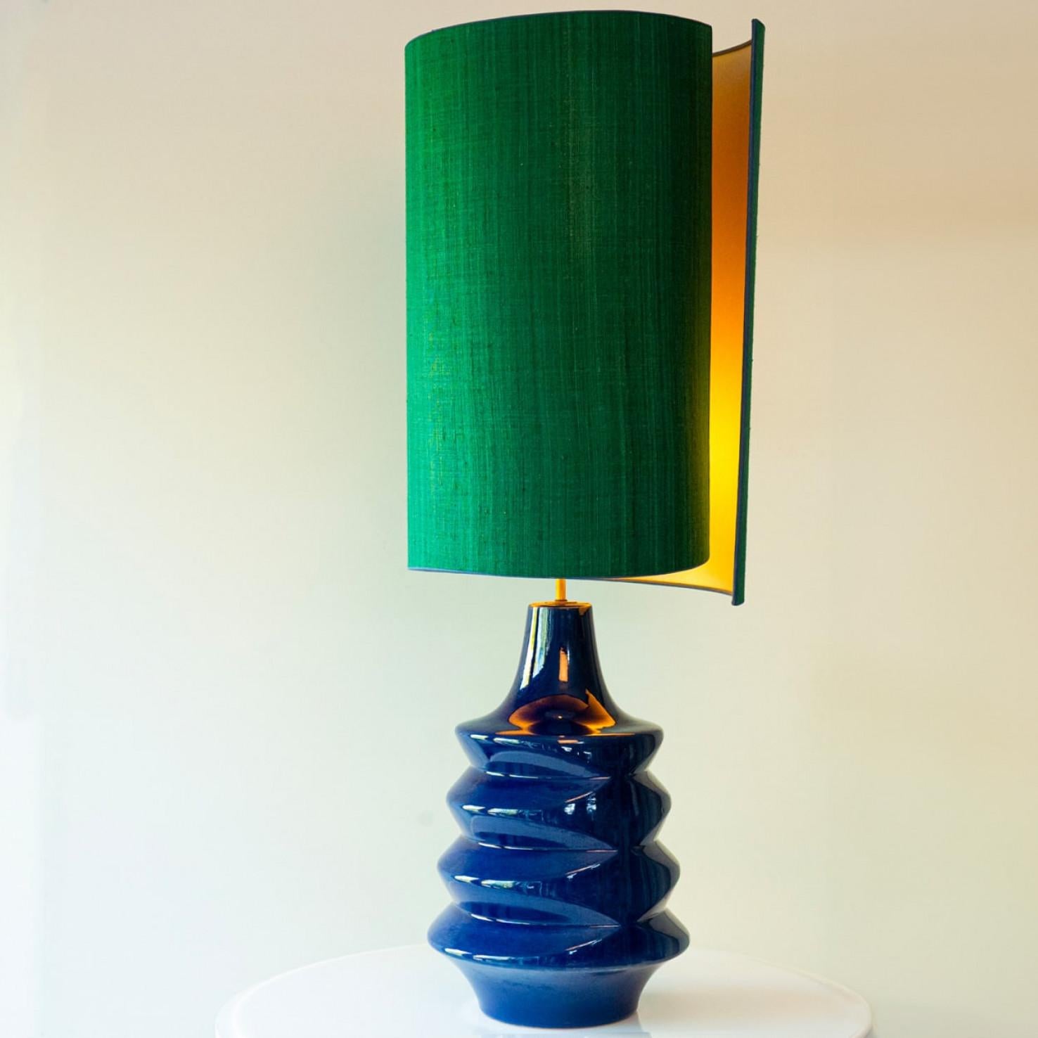 French XXL Sapphire Blue Ceramic FLoor Table Lamp, Lampshade by R. Houben, 1970 For Sale