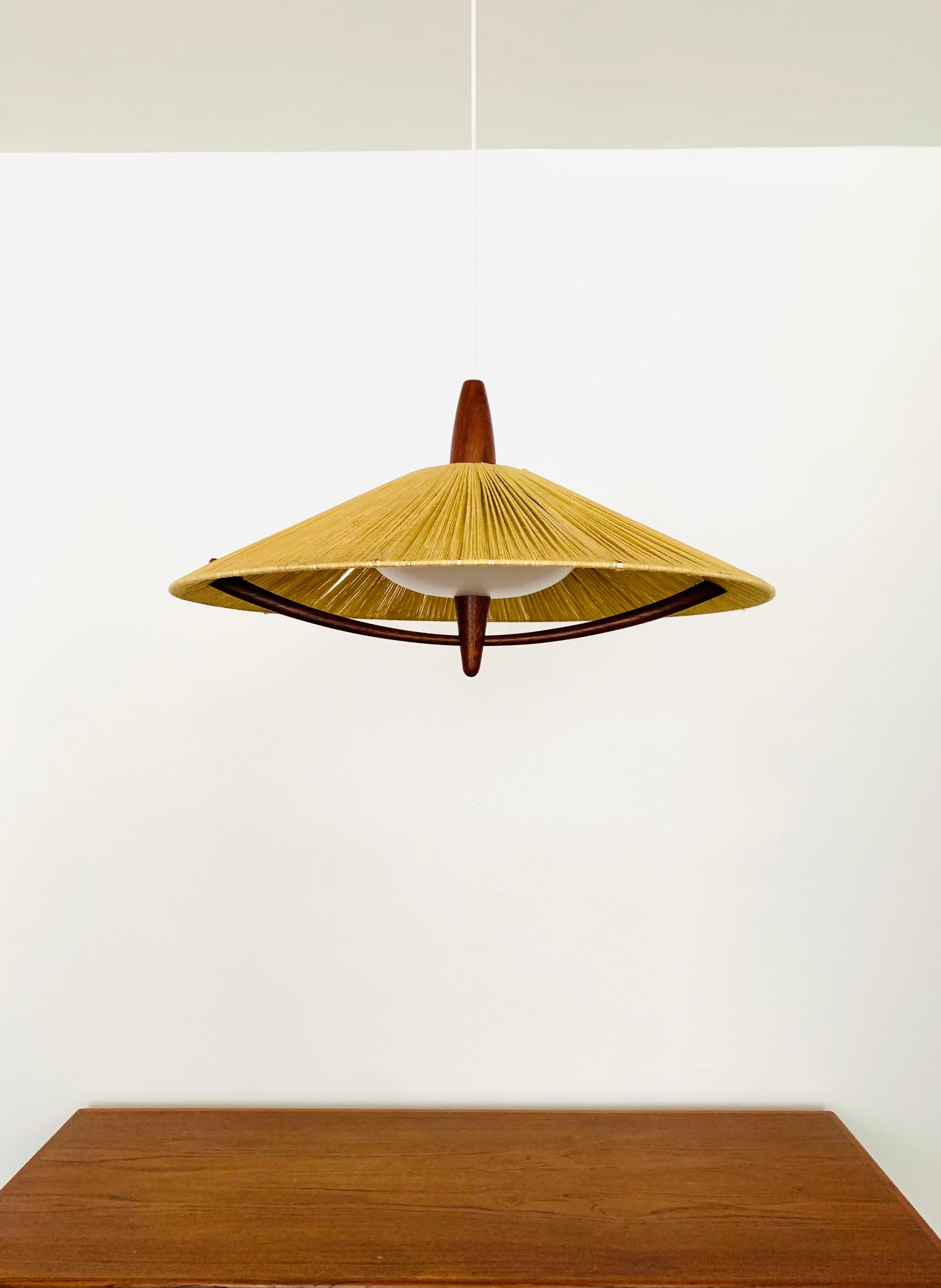 Mid-Century Modern XXL Sisal and Teak Pendant Lamp by Temde