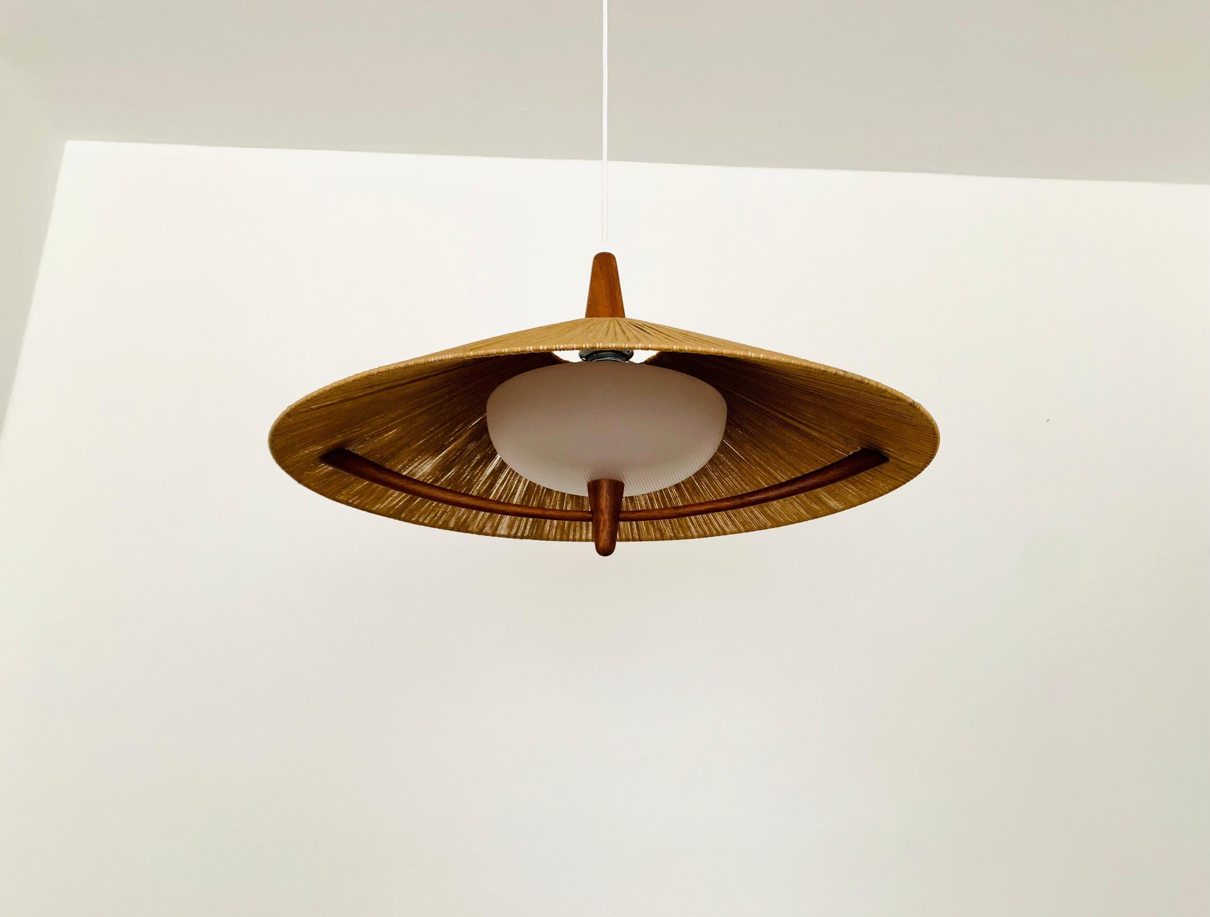 Mid-Century Modern XXL Sisal and Teak Pendant Lamp by Temde