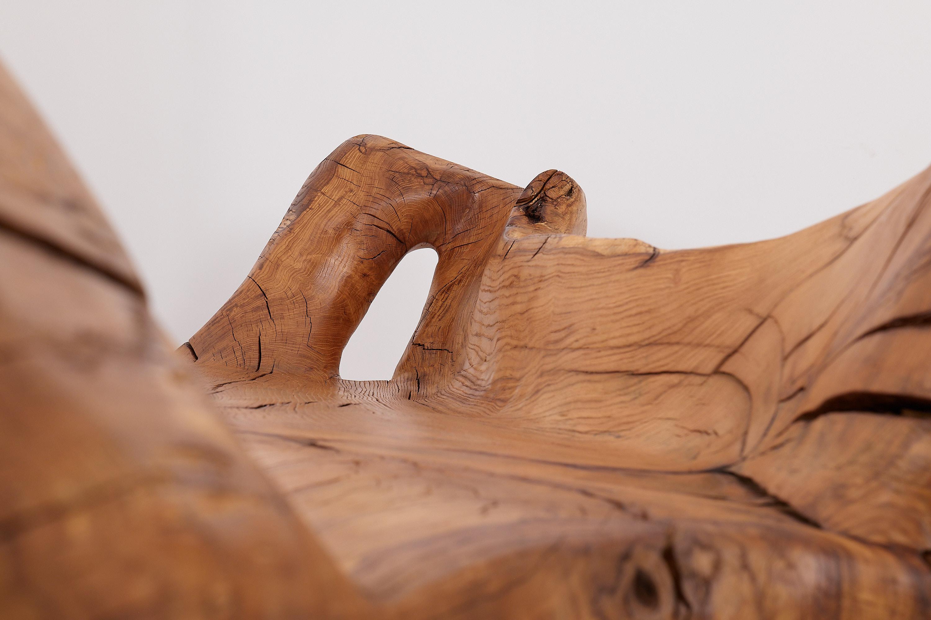 Banco XXL de madera maciza tallada con forma orgánica en bruto para interior y exterior, muebles de madera en venta 1