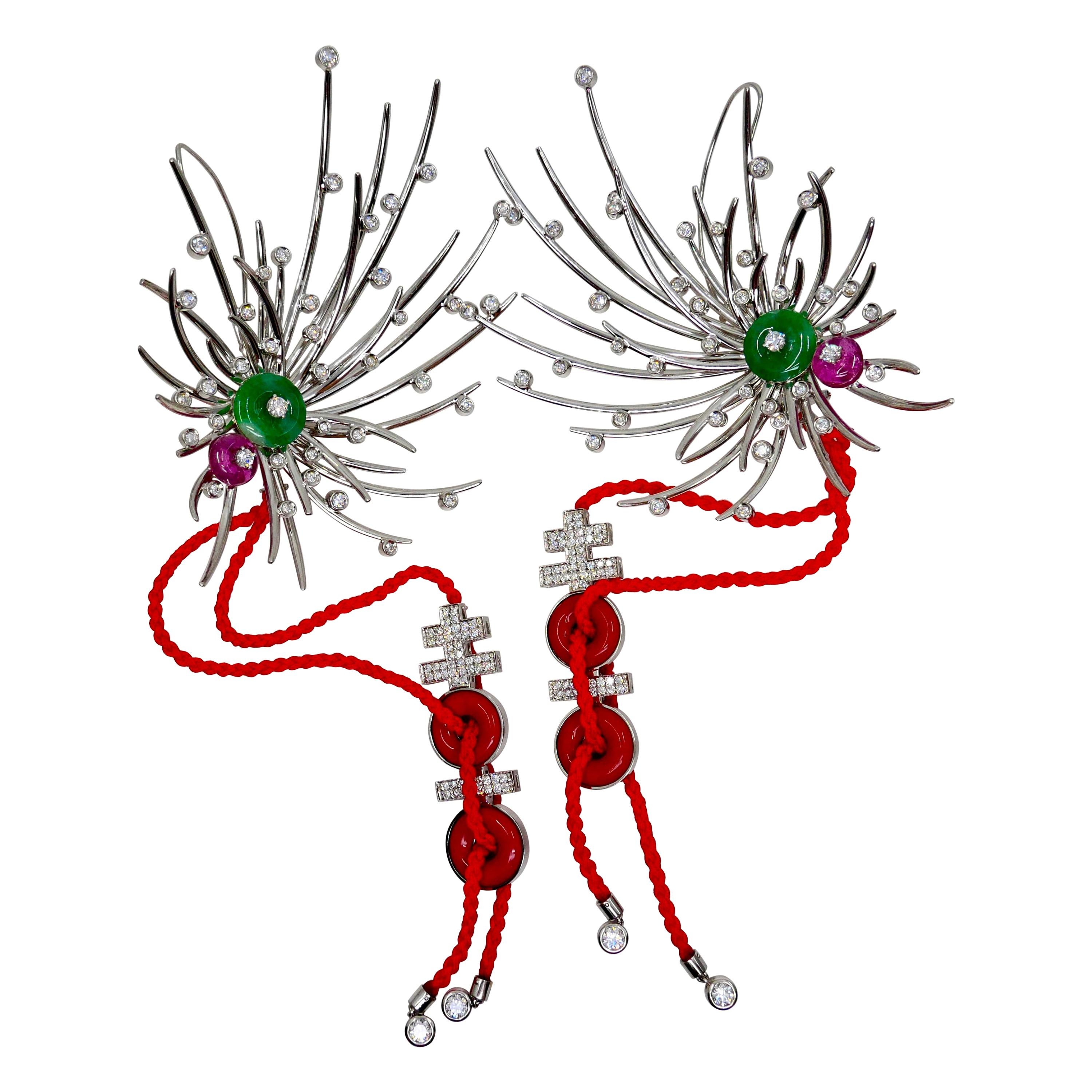 Boucles d'oreilles fantaisie XXL en jade, tourmaline, corail et diamants, mode avant-gardiste