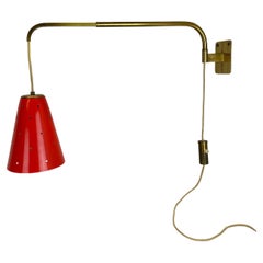 Vintage XXL Stilnovo Sarfatti Style Red Counter Weight Brass Wall Light Italy, 1950s