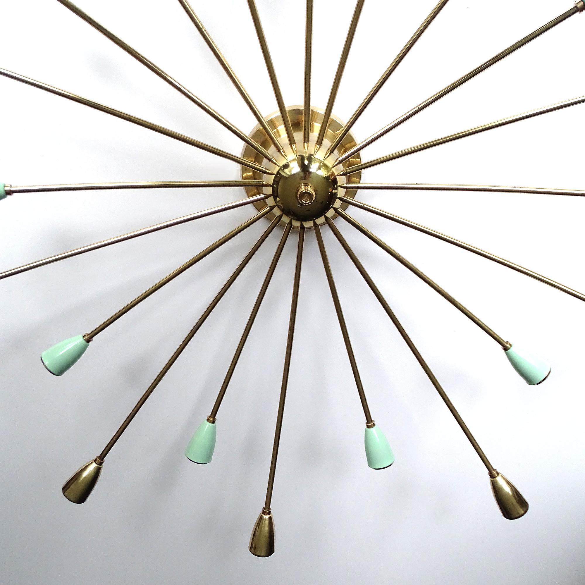Mid-Century Modern XXL 1950s Stilnovo Sputnik Flush Light, Brass Pendant Light, Green Gold 1950s For Sale