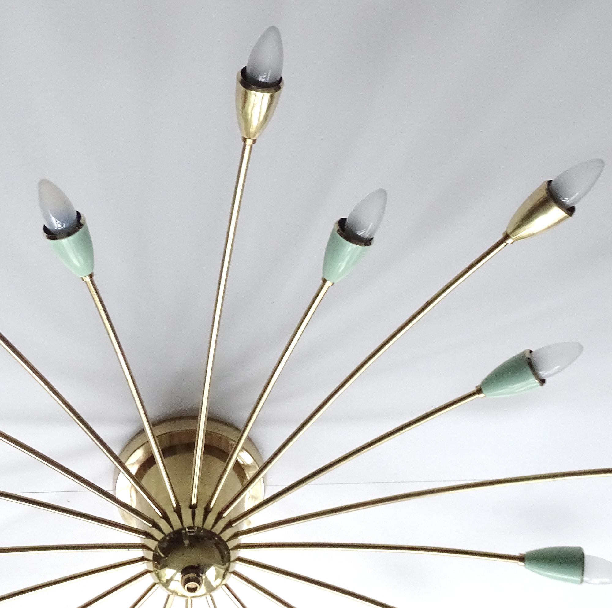Italian XXL 1950s Stilnovo Sputnik Flush Light, Brass Pendant Light, Green Gold 1950s For Sale