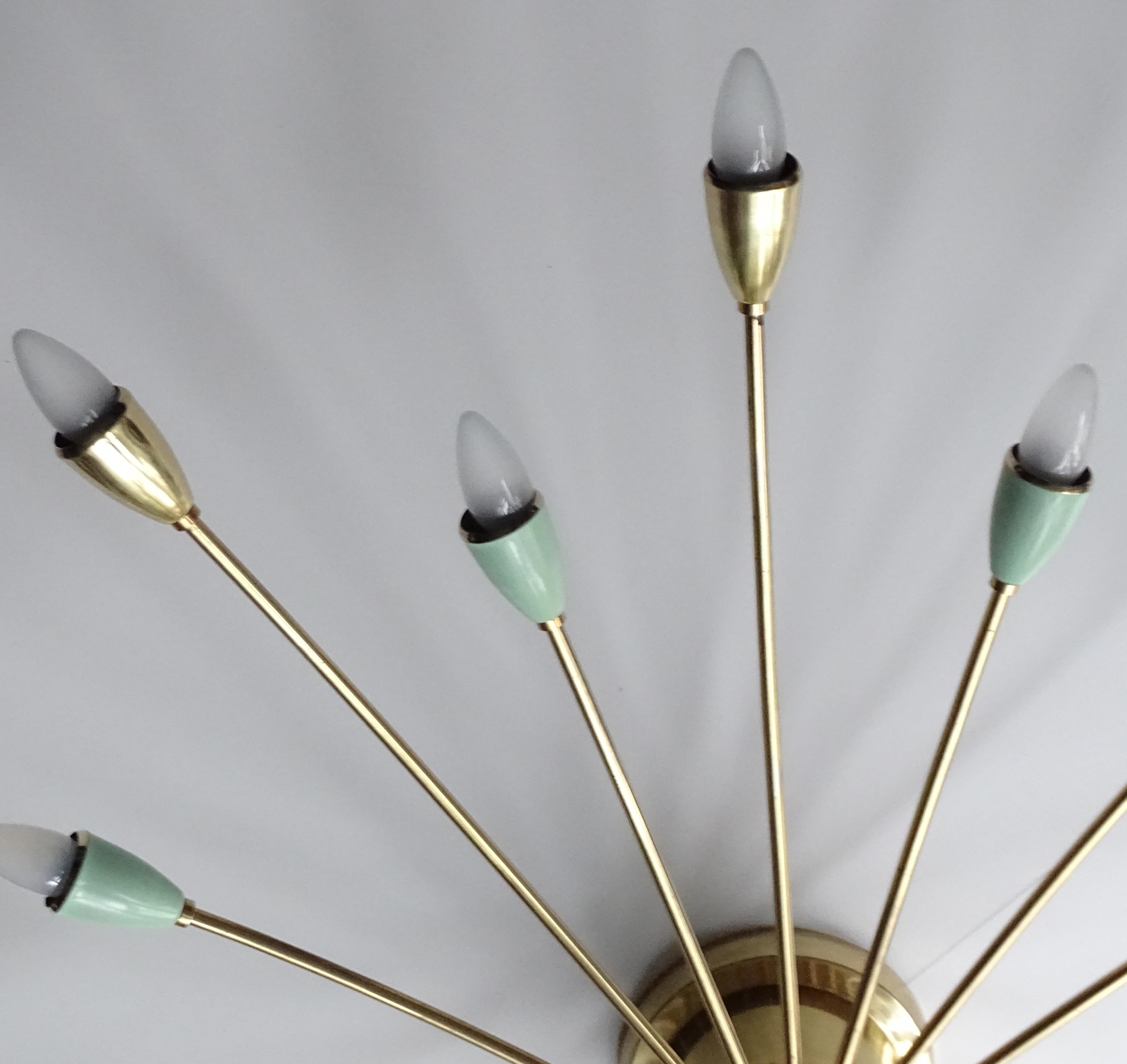 Mid-20th Century XXL 1950s Stilnovo Sputnik Flush Light, Brass Pendant Light, Green Gold 1950s For Sale