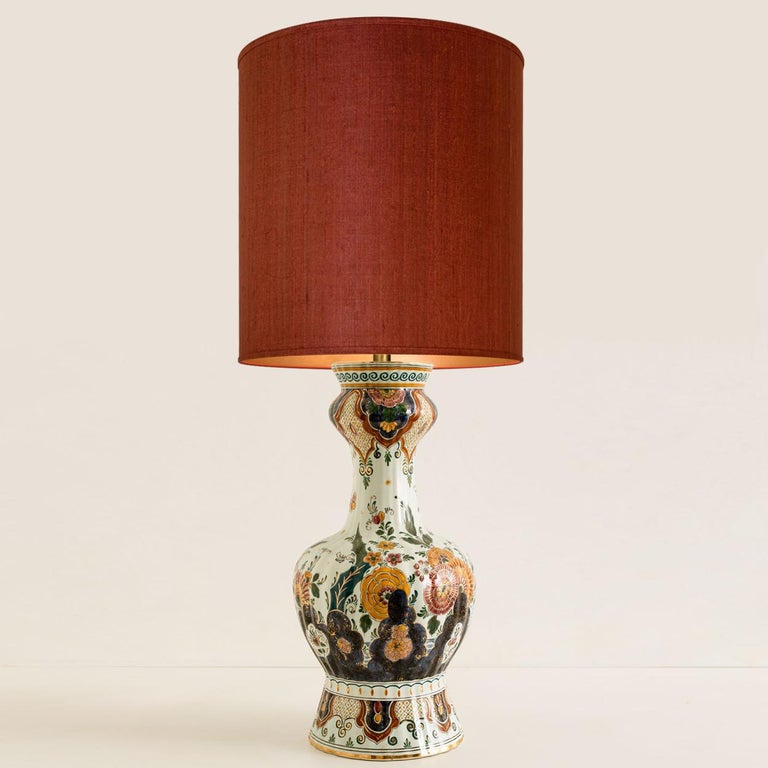 XXL Table Lamp Polychrome Delft 1930 Flowers Hand Painted, Silk Shade, 1930  For Sale at 1stDibs