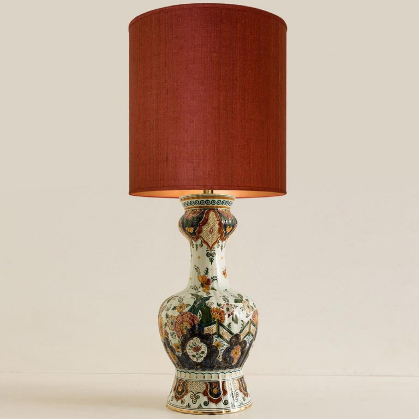 Austrian XXL Table Lamp Polychrome Delft 1930 Flowers Hand Painted, Silk Shade, 1930 For Sale