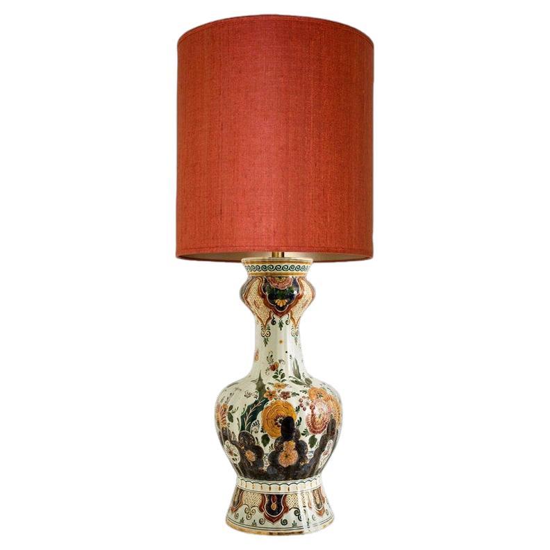 XXL Table Lamp Polychrome Delft 1930 Flowers Hand Painted, Silk Shade, 1930 For Sale