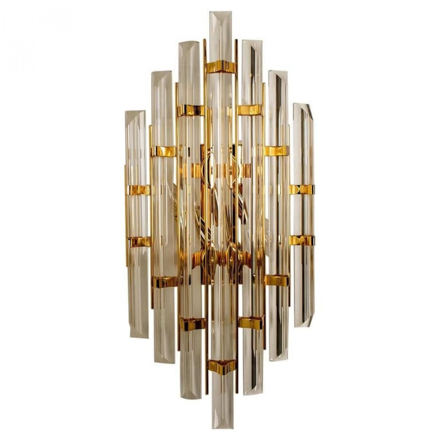 Applique in vetro di Murano con cinque lunghe aste prismatiche in vetro cristallino 