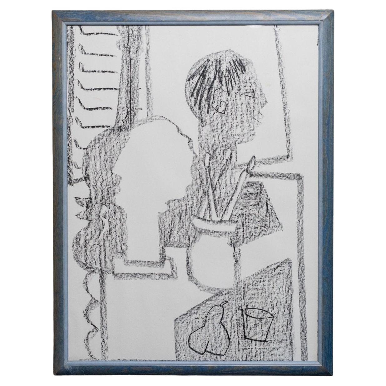 XXL Vintage Drawing Single Piece Charcoal on Paper Abstract Art Italie, 1990