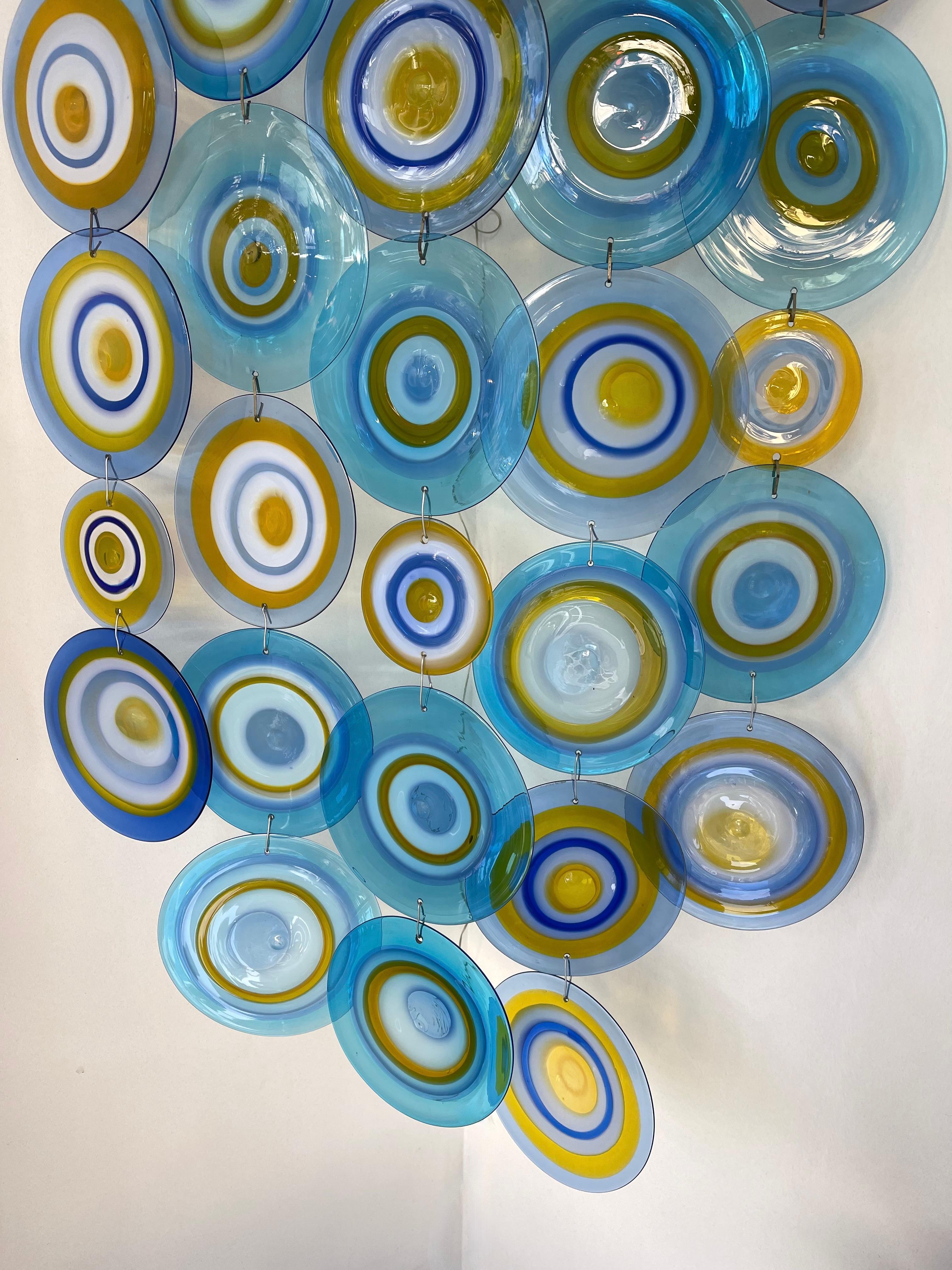 Very rare oversize extra extra large long corner wall lightning lamp pannel sconce in blue, yellow and white murano glass disc by the italian master glass artist Gianmaria Potenza for the Murano manufacture La Murrina. This piece is designed to be