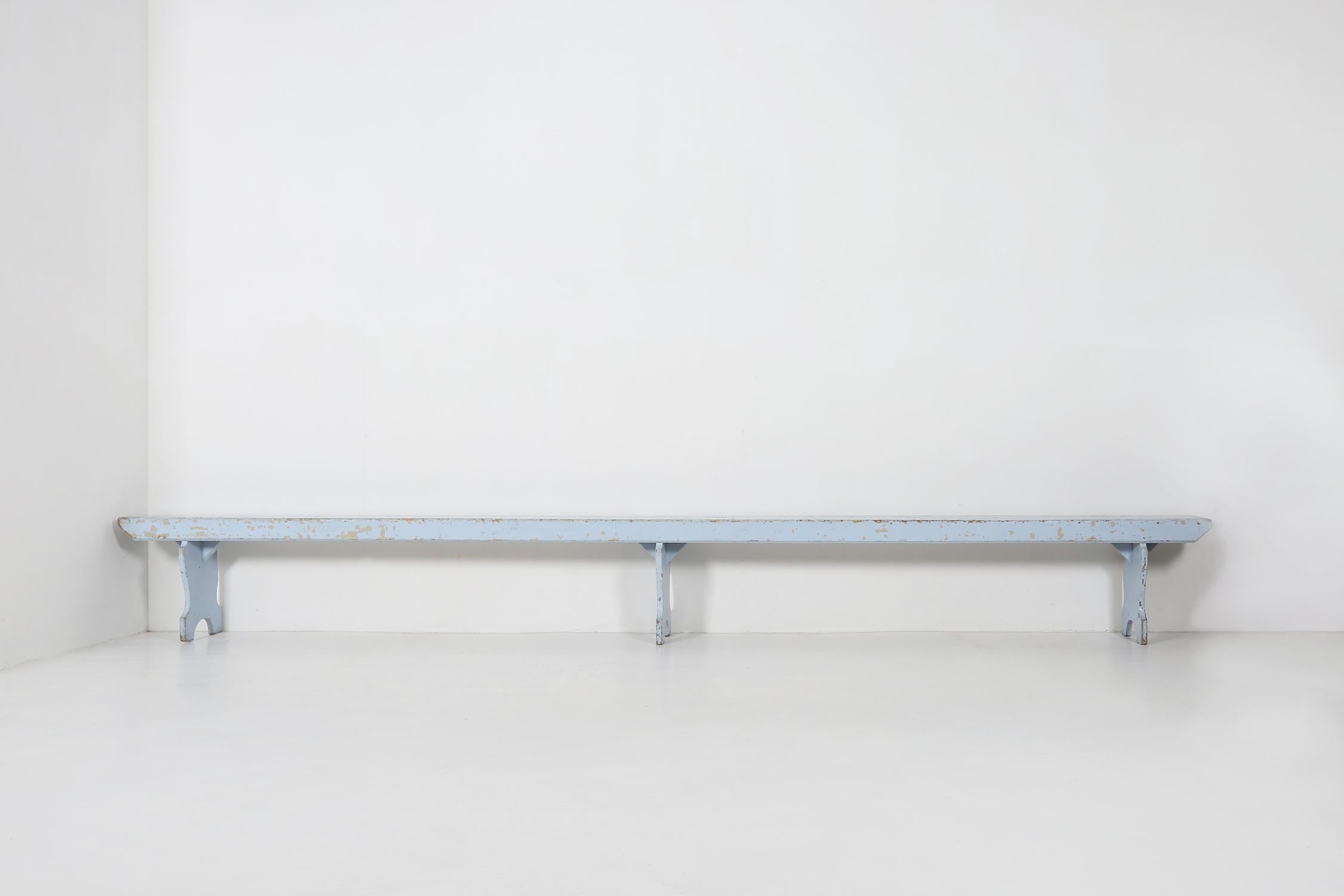 Big industrial wooden bench in blue color.
Has some great patina.
