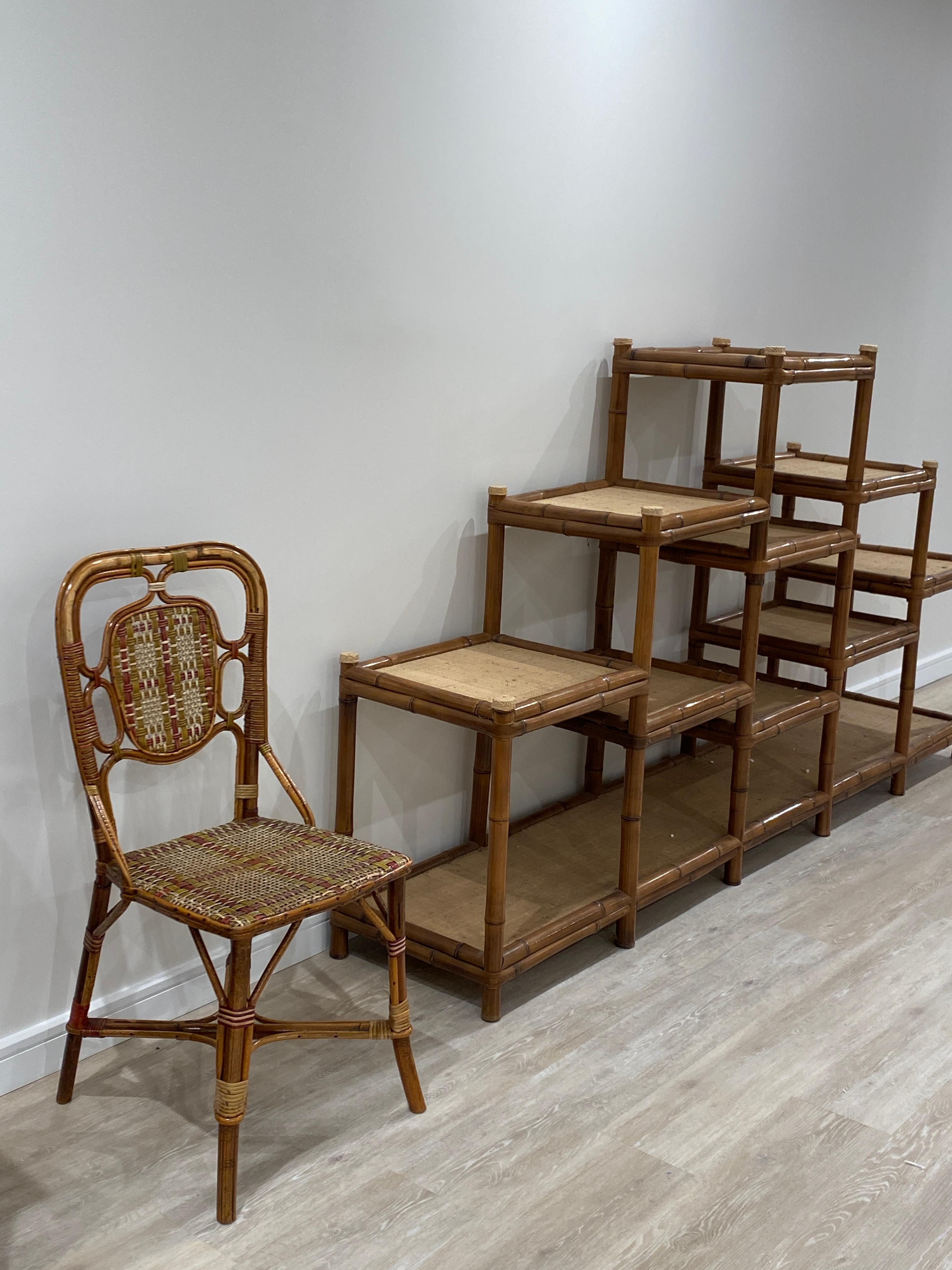 A pair of twentieth-century bamboo étagères, functional and elegant blending natural bamboo with timeless design. These pieces are perfect for displaying decor. 
