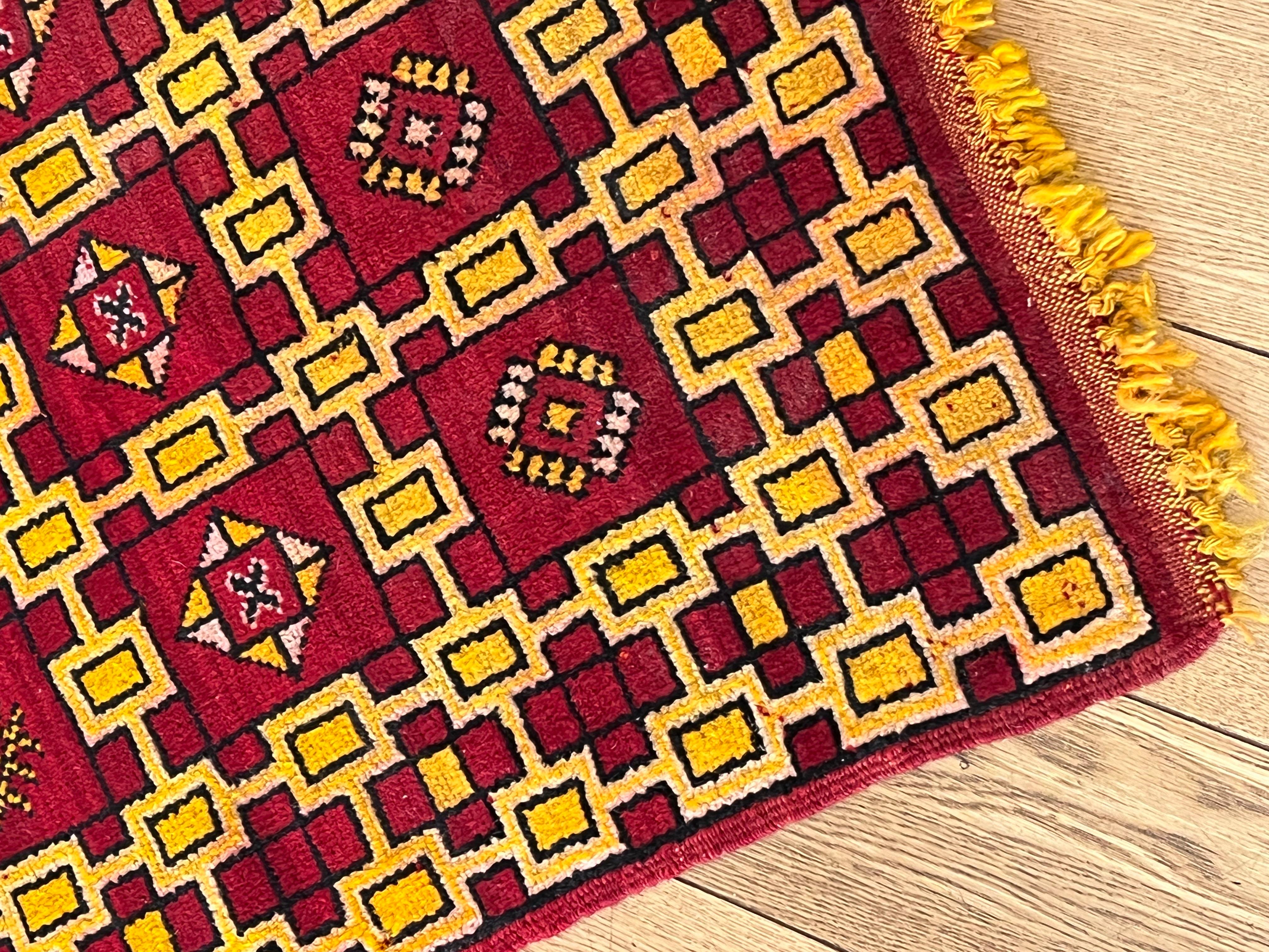 Wool XXth Century Berber Carpet Ouarzate Red and Yellow, ca 1950 For Sale