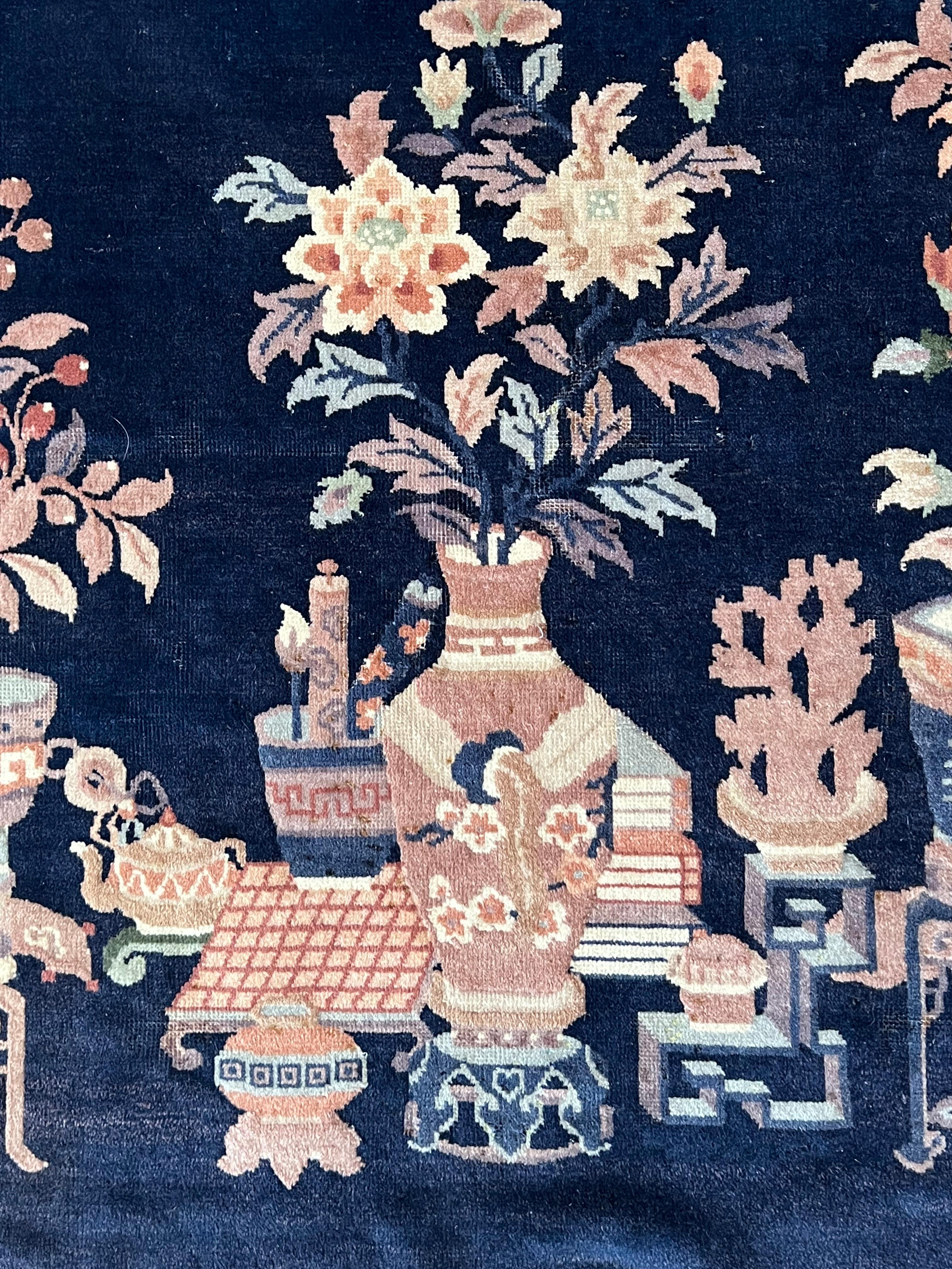 Chinese XXth Century Blue Brown and White Floreal Peking Rug, about 1910 For Sale