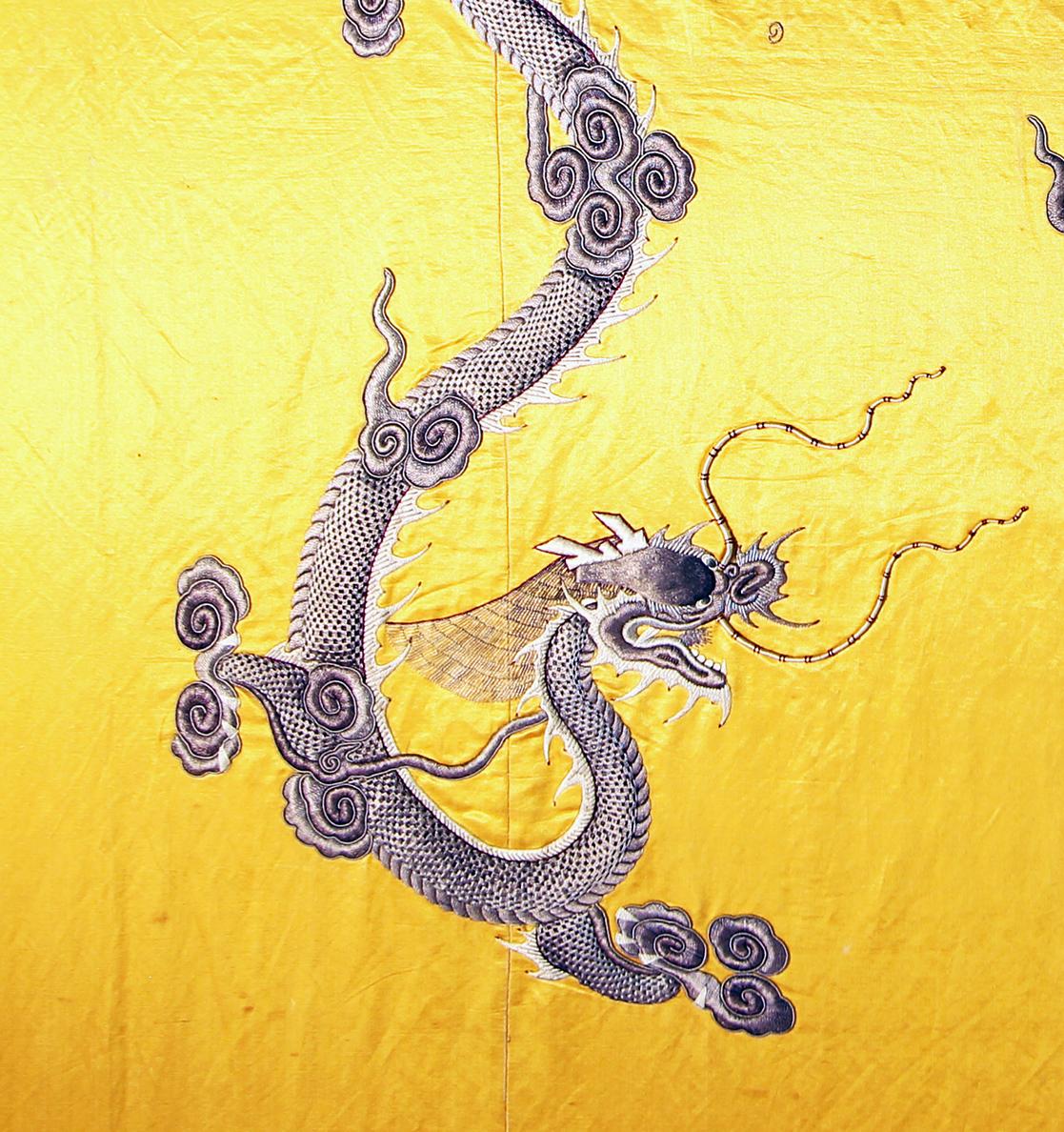 Chinese yellow silk panel, embroidered with great quality.