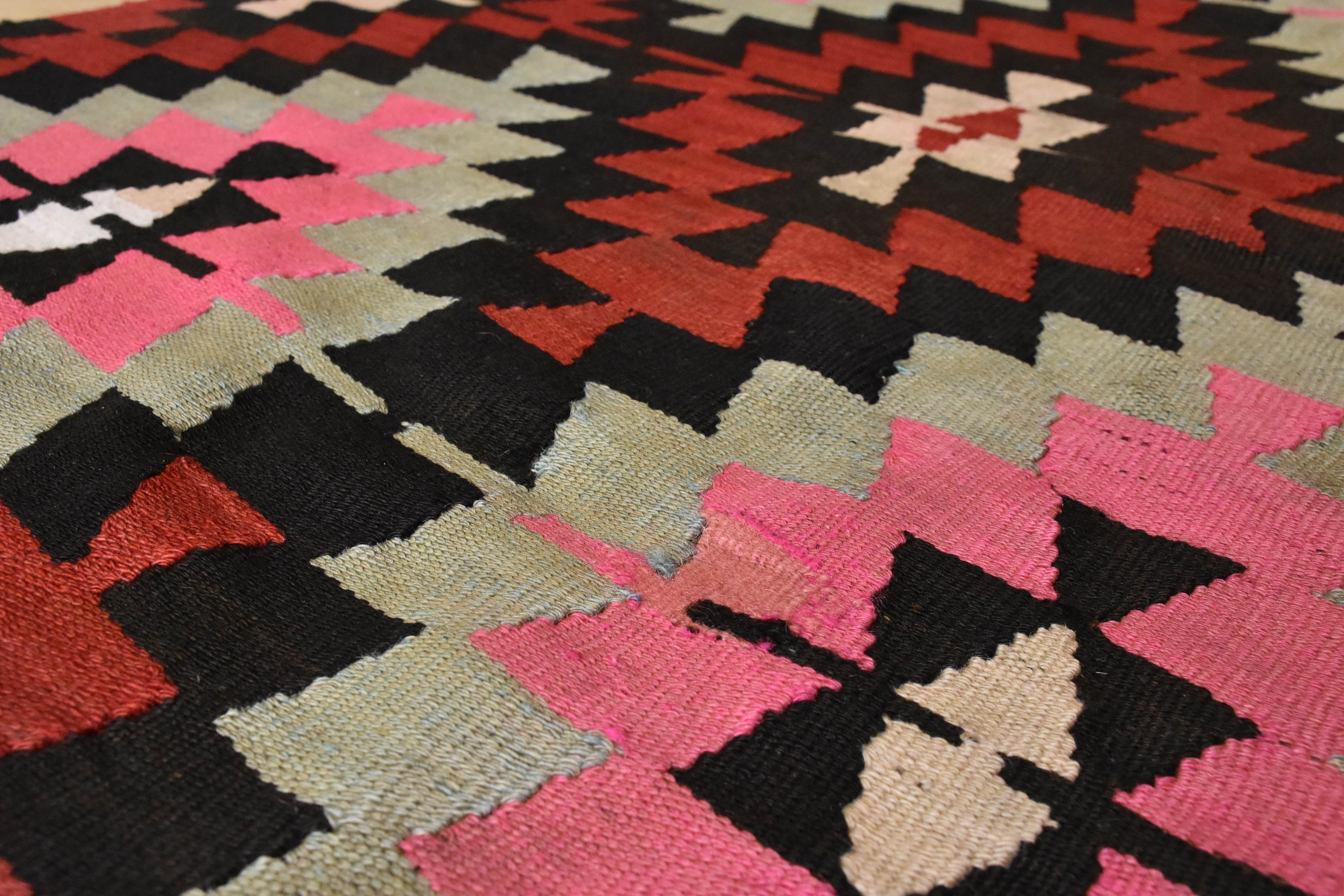 20th Century XXth Century Kilim Geomtric Anatolian Rug Red and Yellow, ca 1950 For Sale