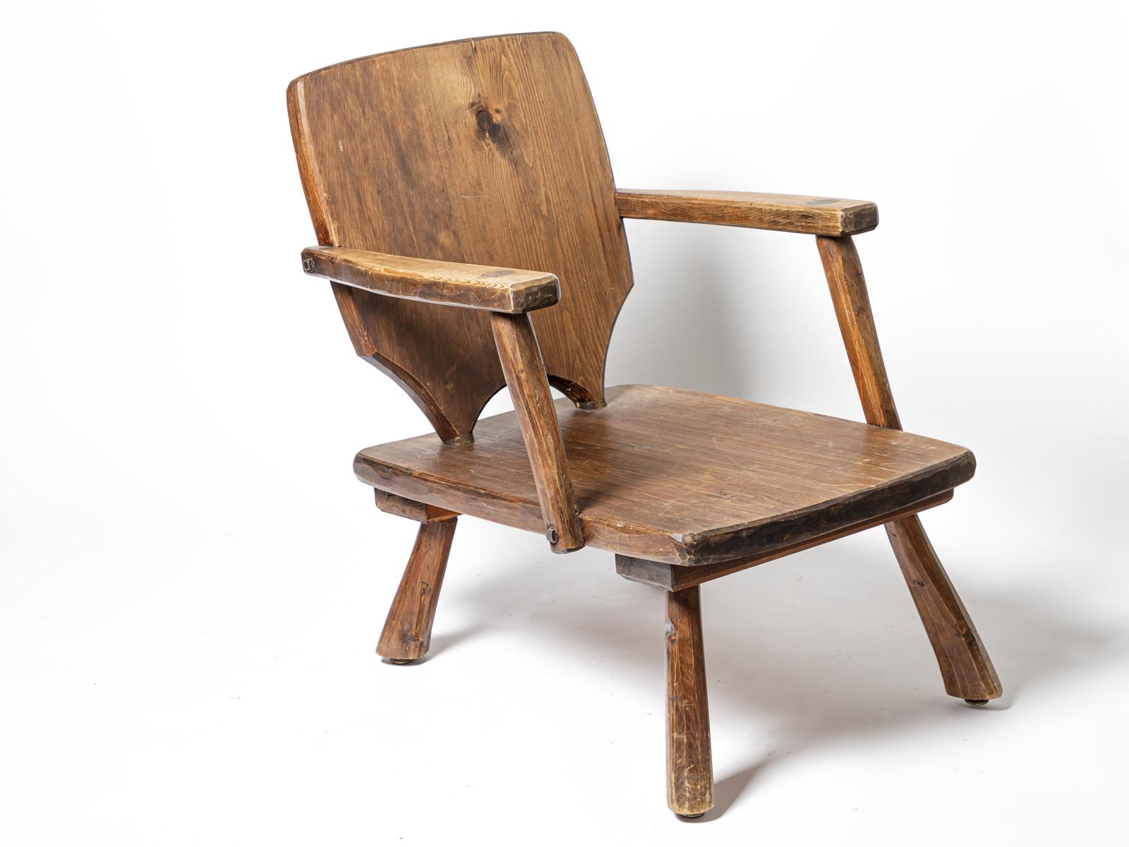Mid-Century Modern XXth Century Large Brutalist Wood French Handmade Low Lounge Chair 1970