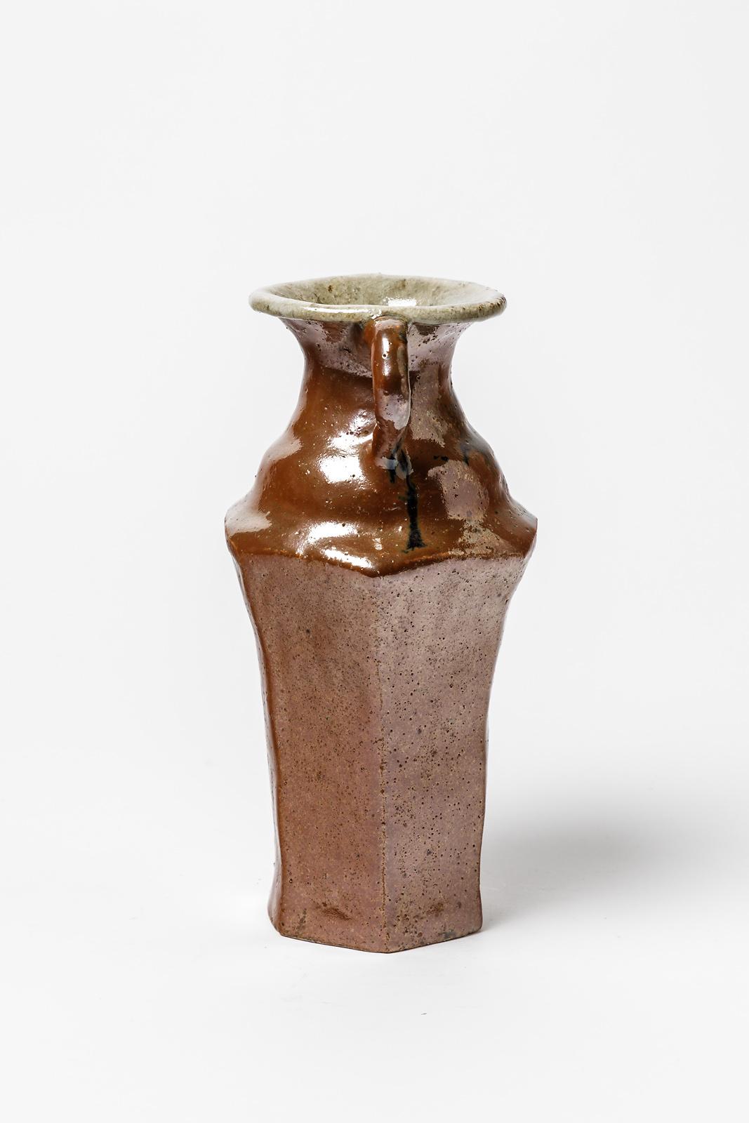 Mid-Century Modern Vase en céramique rouge et marron du XXe siècle par Yoland Cazenove French Design