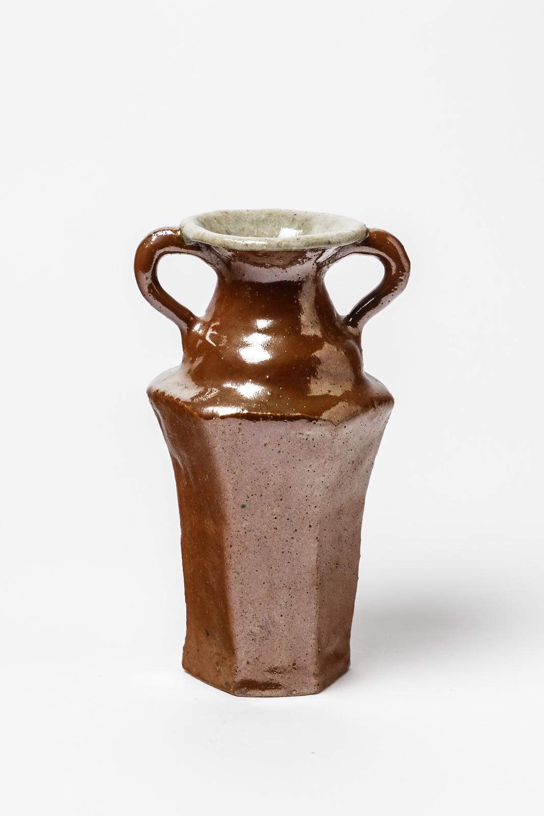 Mid-Century Modern XXth Century Red Brown Ceramic Vase by Yoland Cazenove French Design For Sale