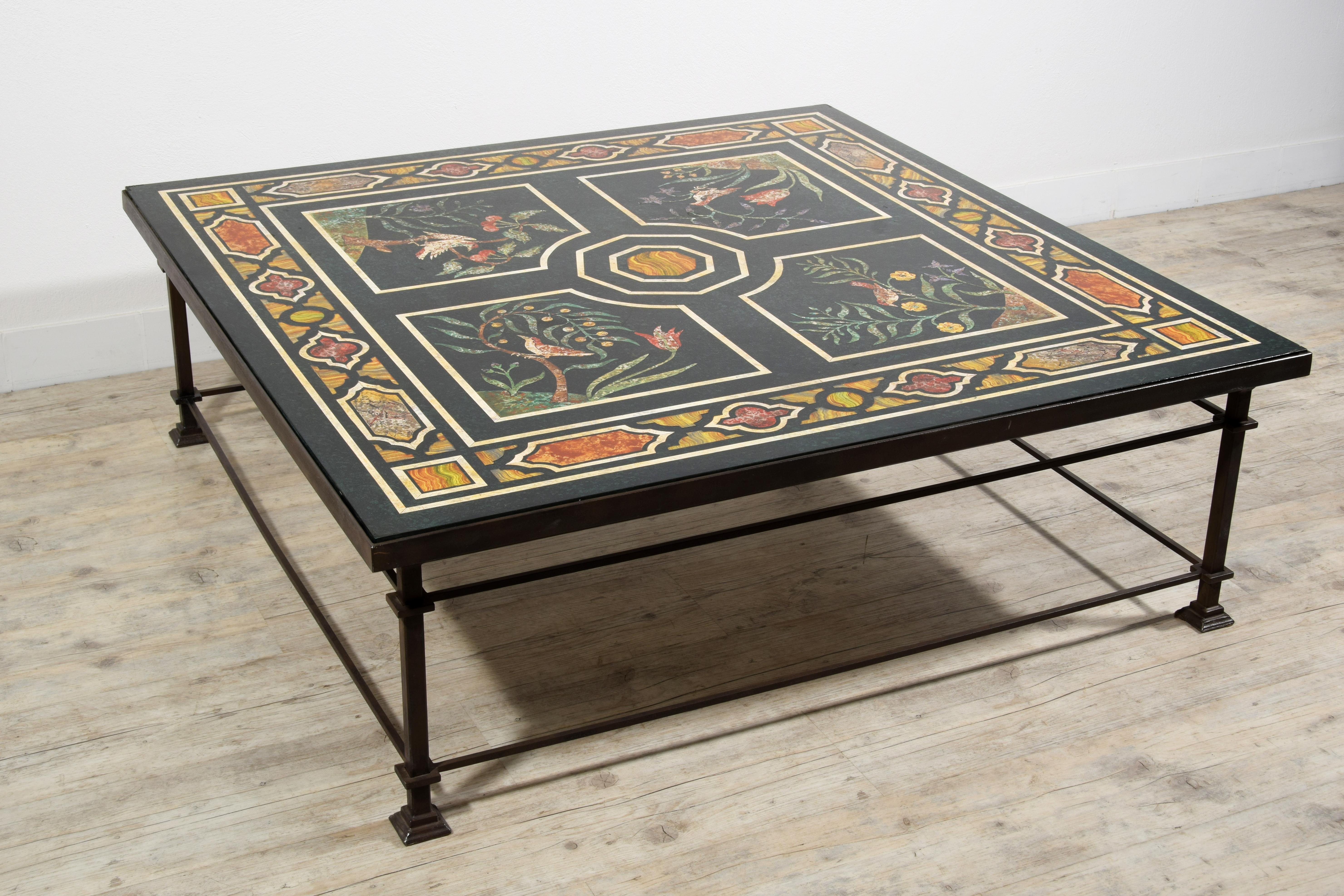 XXth Century, Tuscan Large Square Coffee Table with Lacquered Wood 
Measurements: cm 136,5 x 136,5 x H 45,5 
Top thickness 4 cm

This table was made around the fifties of the twentieth century. The structure is in wrought iron with the four legs