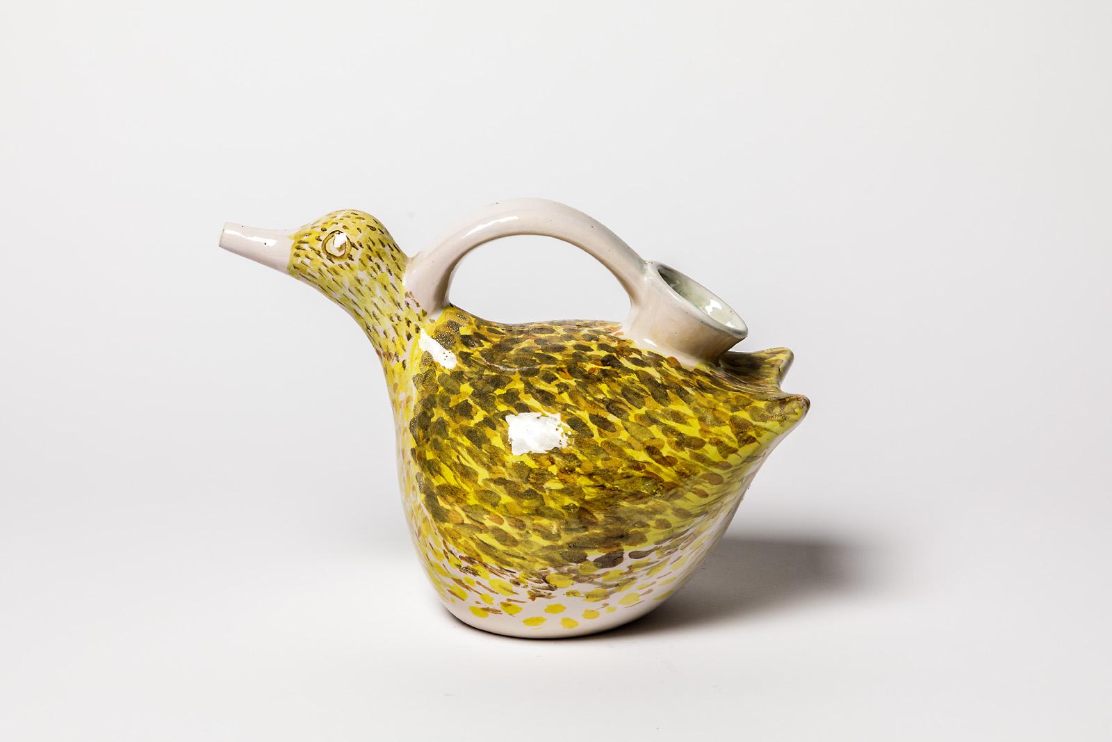 Mid-Century Modern XXth Century White and Yellow Ceramic Bird Pitcher by Pierre Roulot 1951 For Sale