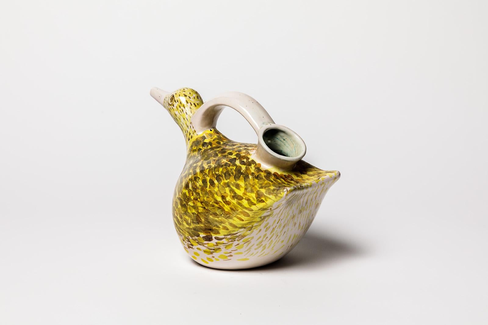 French XXth Century White and Yellow Ceramic Bird Pitcher by Pierre Roulot 1951 For Sale