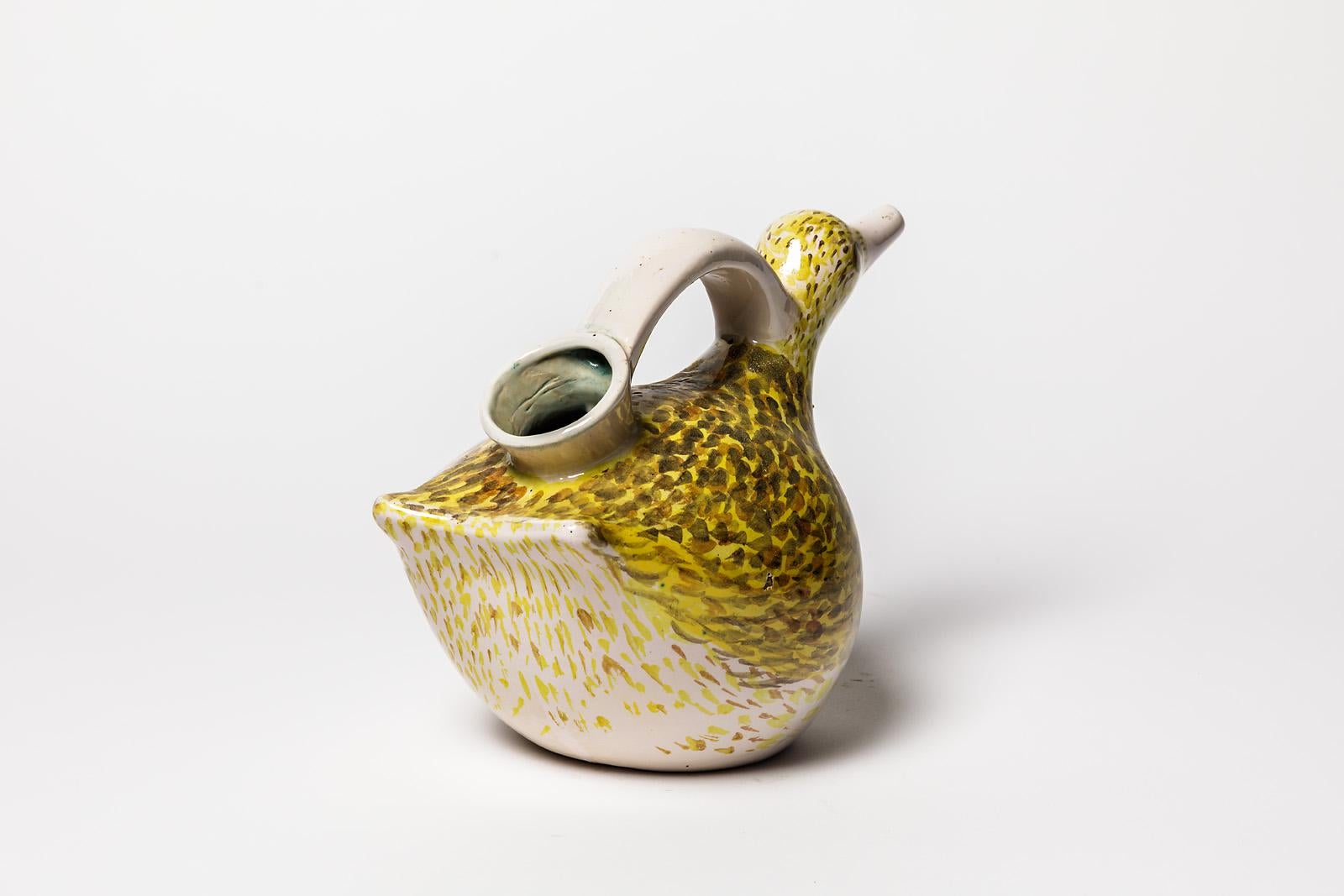 XXth Century White and Yellow Ceramic Bird Pitcher by Pierre Roulot 1951 In Excellent Condition For Sale In Neuilly-en- sancerre, FR