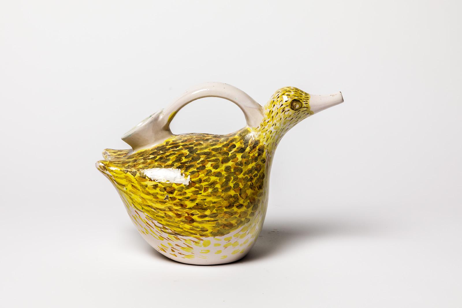 20th Century XXth Century White and Yellow Ceramic Bird Pitcher by Pierre Roulot 1951 For Sale