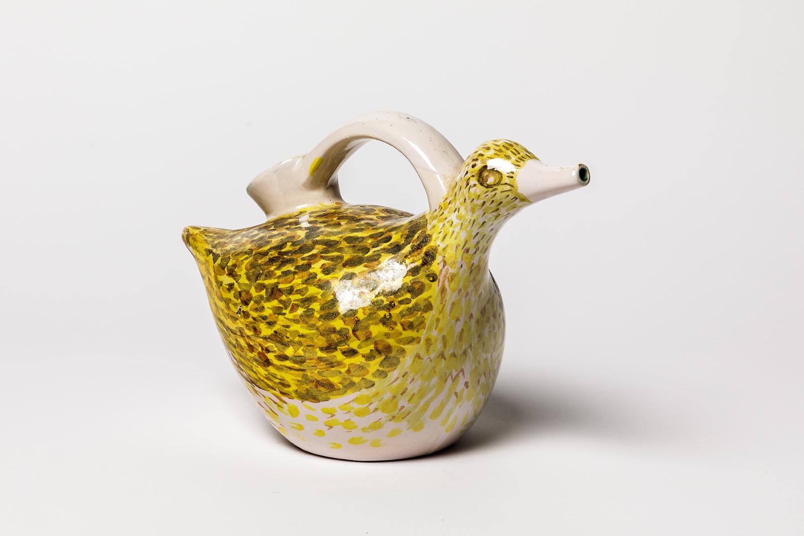 XXth Century White and Yellow Ceramic Bird Pitcher by Pierre Roulot 1951 For Sale 1