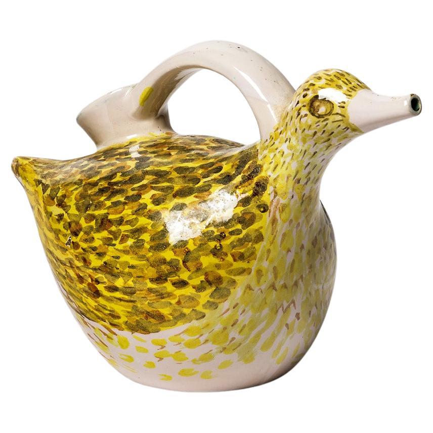XXth Century White and Yellow Ceramic Bird Pitcher by Pierre Roulot 1951