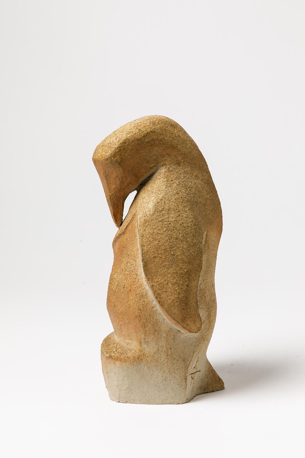 Mid-Century Modern XXth Centuty Brown Penguin Stoneware Ceramic Sculpture by Annie Maume, 1970 For Sale