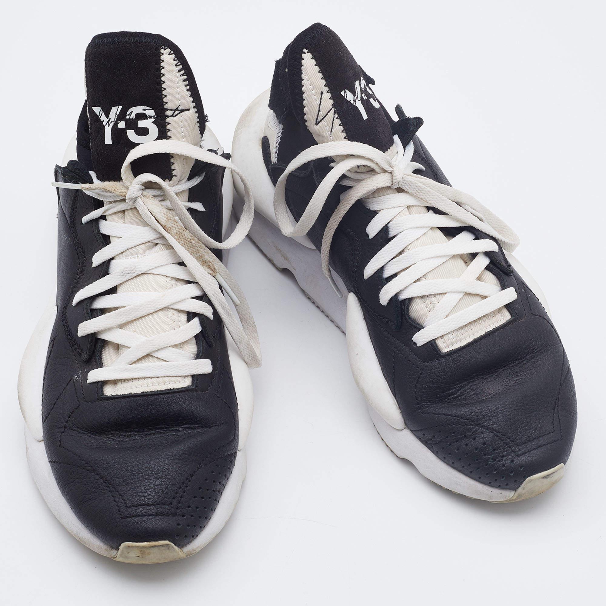 Y-3 Black/White Leather and Fabric Kaiwa Sneakers Size 40 In Good Condition For Sale In Dubai, Al Qouz 2