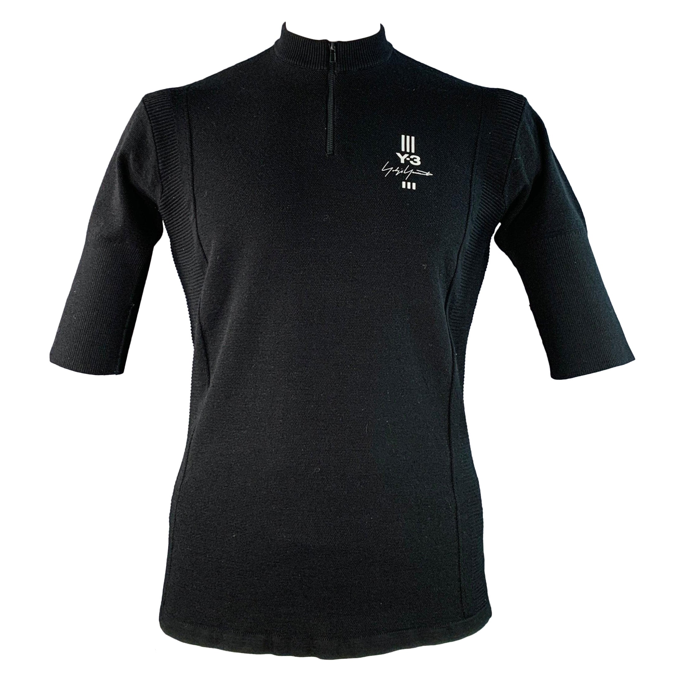 Y-3 Größe L Schwarz Weiß Logo Polyestermischung Kurzarm 1/4 Zip Pullover im Angebot