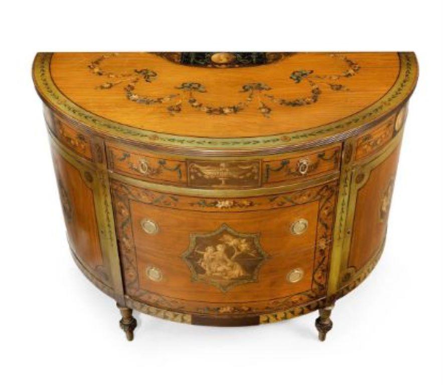 Y A Pair of Polychrome Decorated Satinwood Demi-Lune Commodes, 20th Century For Sale 7
