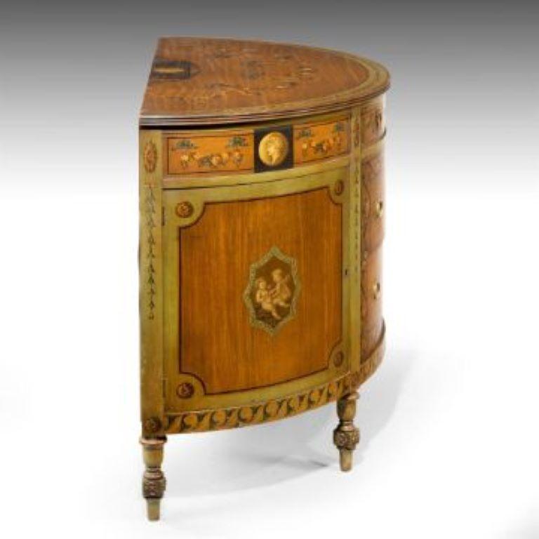 Y A Pair of Polychrome Decorated Satinwood Demi-Lune Commodes, 20th Century For Sale 8