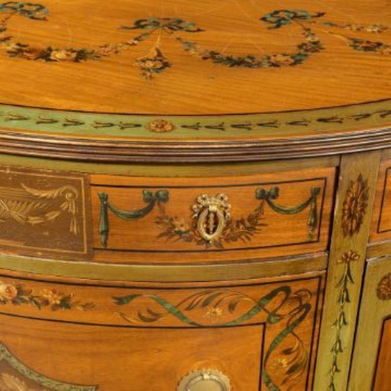 Y A Pair of Polychrome Decorated Satinwood Demi-Lune Commodes, 20th Century In Good Condition For Sale In Lincoln, GB
