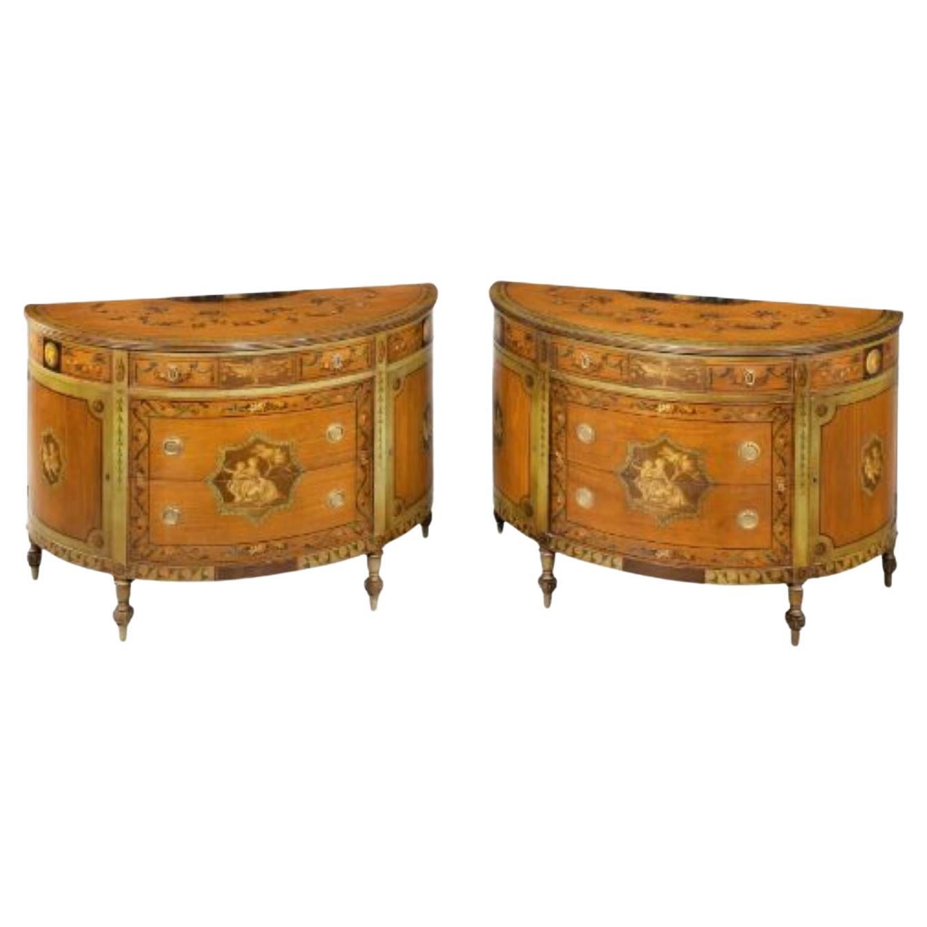 Y A Pair of Polychrome Decorated Satinwood Demi-Lune Commodes, 20th Century For Sale