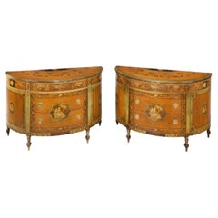 Vintage Y A Pair of Polychrome Decorated Satinwood Demi-Lune Commodes, 20th Century