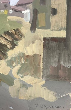 Paisaje gouache francés de 1930 Molino de viento gris arriba de la pista