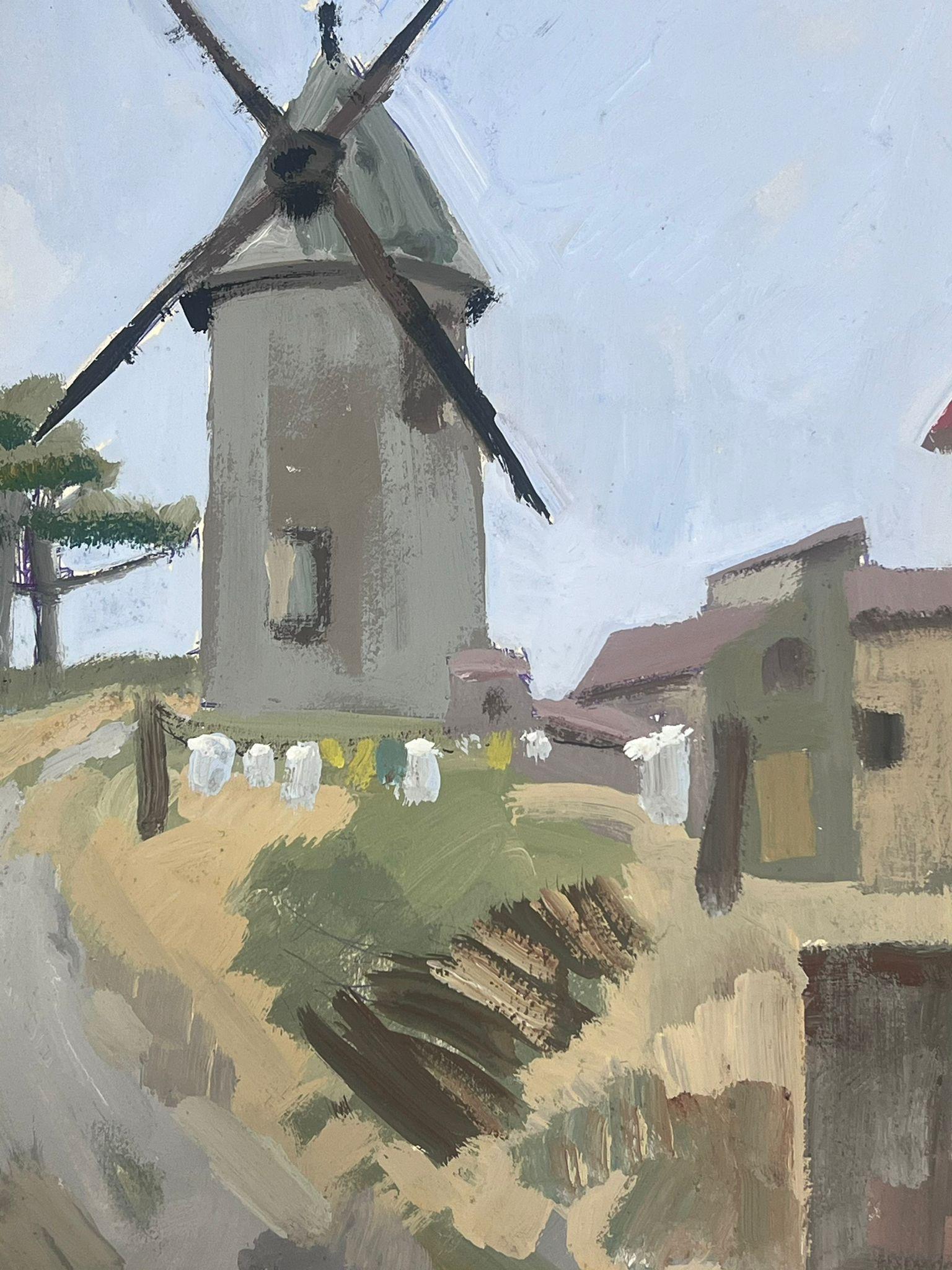 1930's French Gouache Landscape Grey Windmill Up The Track  - Impressionist Painting by Y. Blanchon