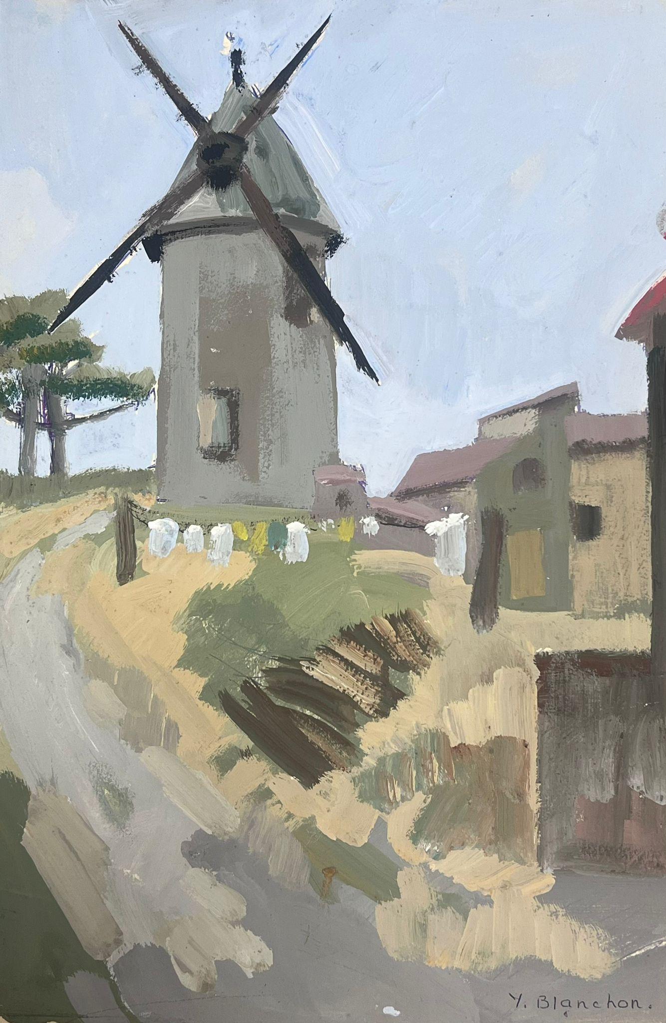Y. Blanchon Landscape Painting - 1930's French Gouache Landscape Grey Windmill Up The Track 